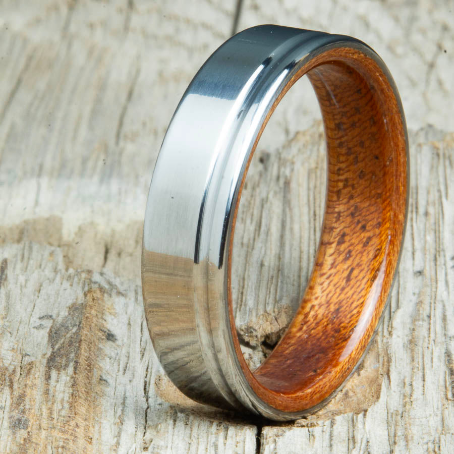 Acacia wooden ring with single groove polished titanium made for any finger size by Peacefield Titanium