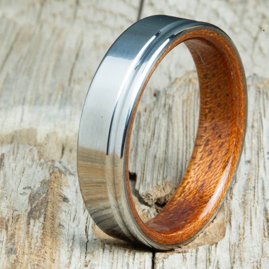 Acacia wooden ring with single groove polished titanium made for any finger size by Peacefield Titanium