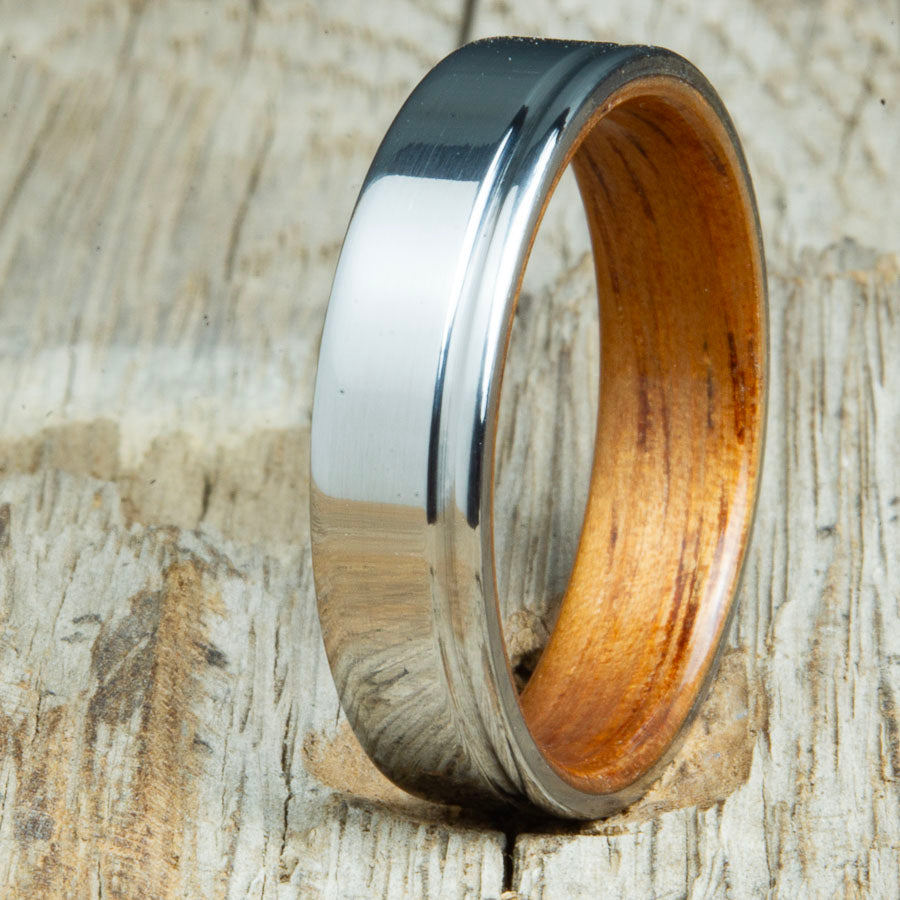 Koa wooden ring with single groove polished titanium made for ant finger size by Peacefield Titanium
