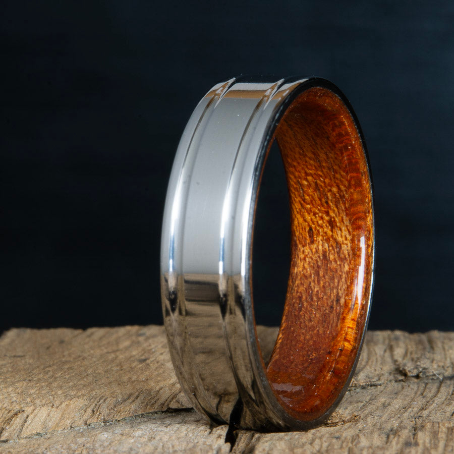 titanium acacia wood ring- polished-grooved titanium wood ring