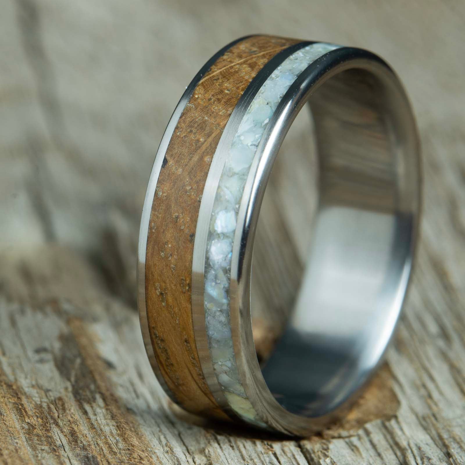 Mens whiskey barrel rings with titanium