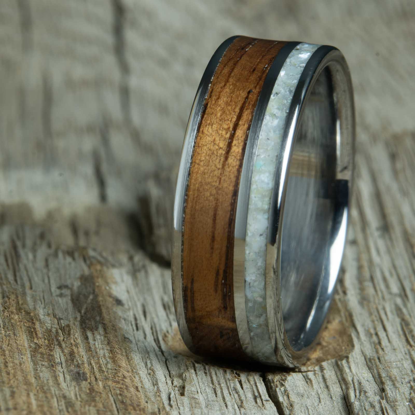 Mens wood wedding band with Koa wood and mother of pearl inlay.