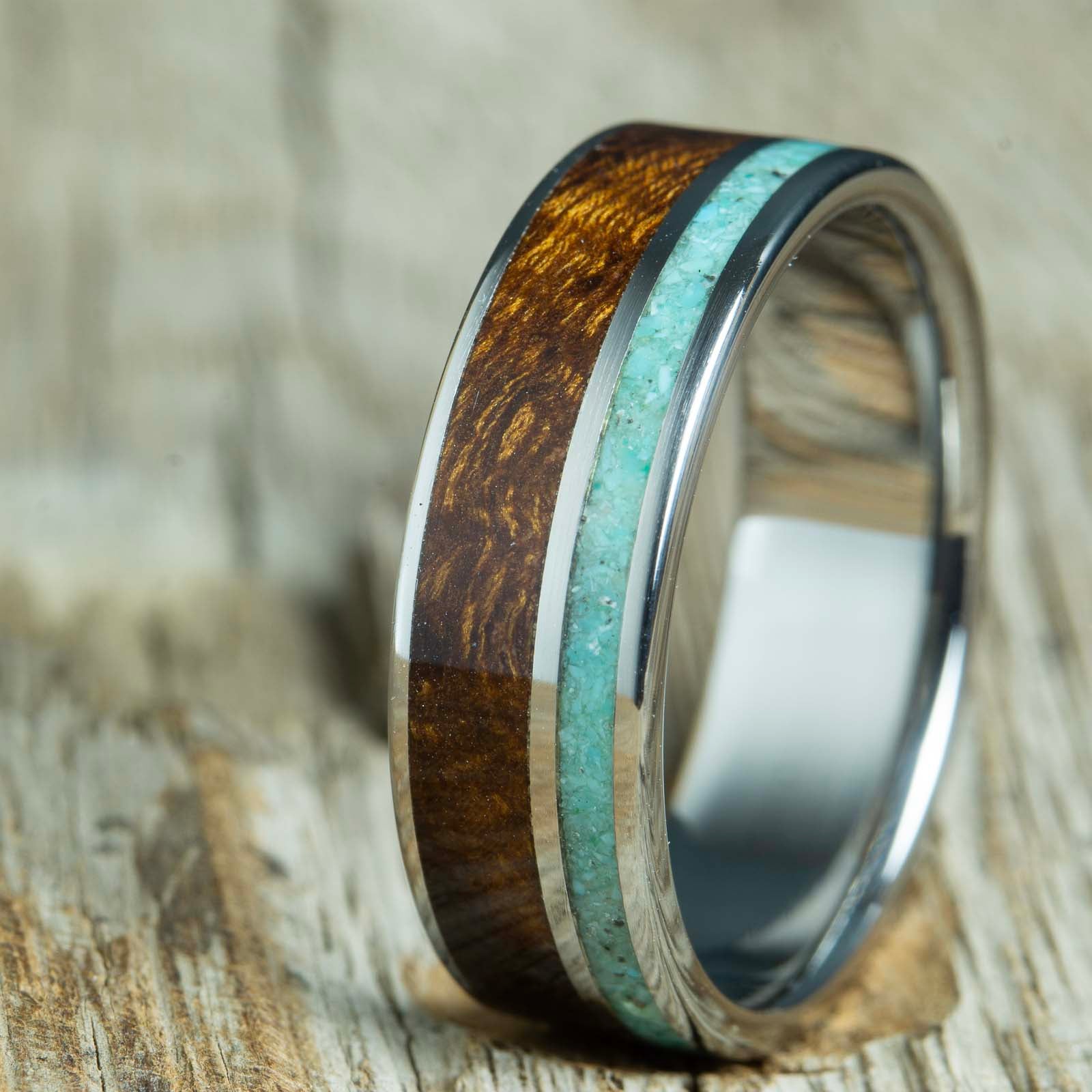 Ironwood and turquoise mens wood wedding bands with titanium ring