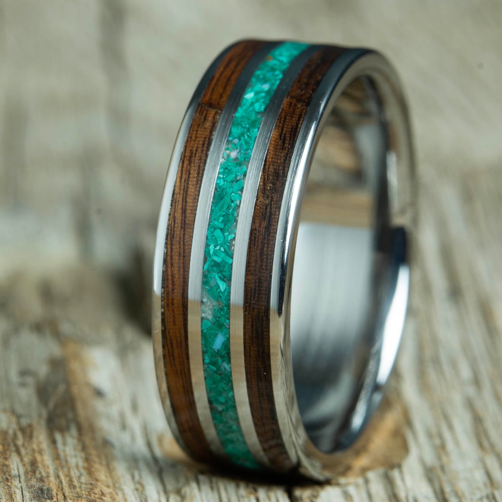mens wood wedding bands with Malachite stone and Rosewood pinstripes