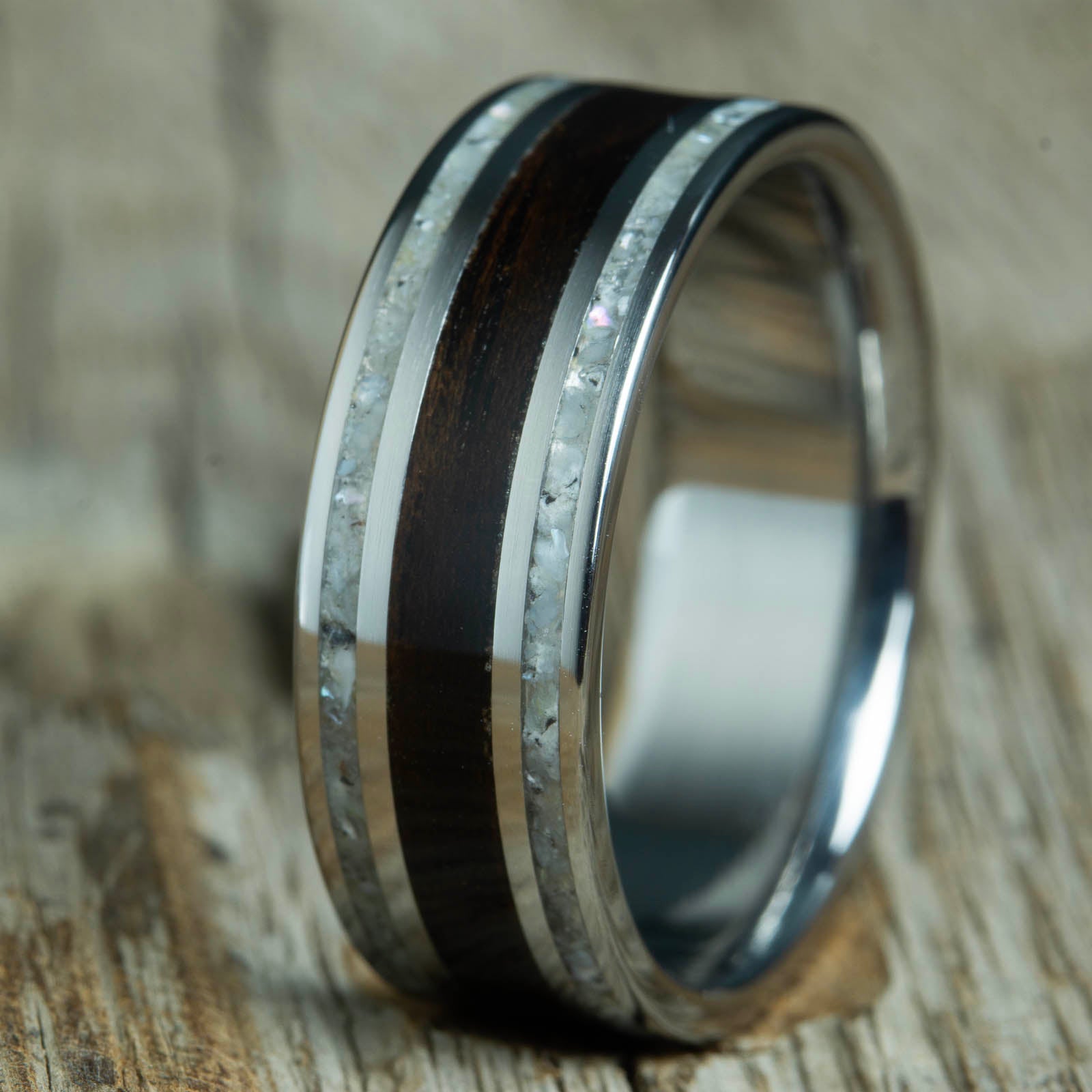 mens wood wedding bands with Ebony centered inlay and twin outer mother of pearl 
