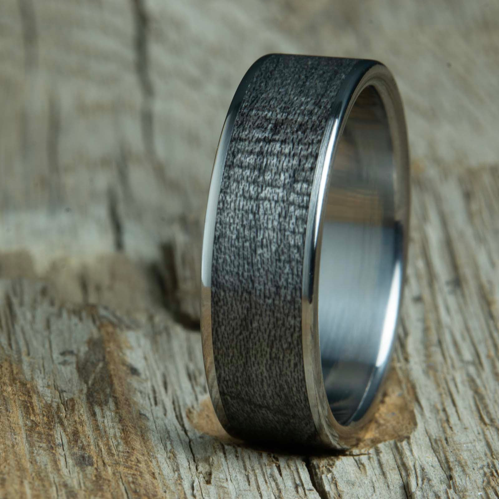 grey weathered barnwood inlay on polished titanium mens wood wedding band
