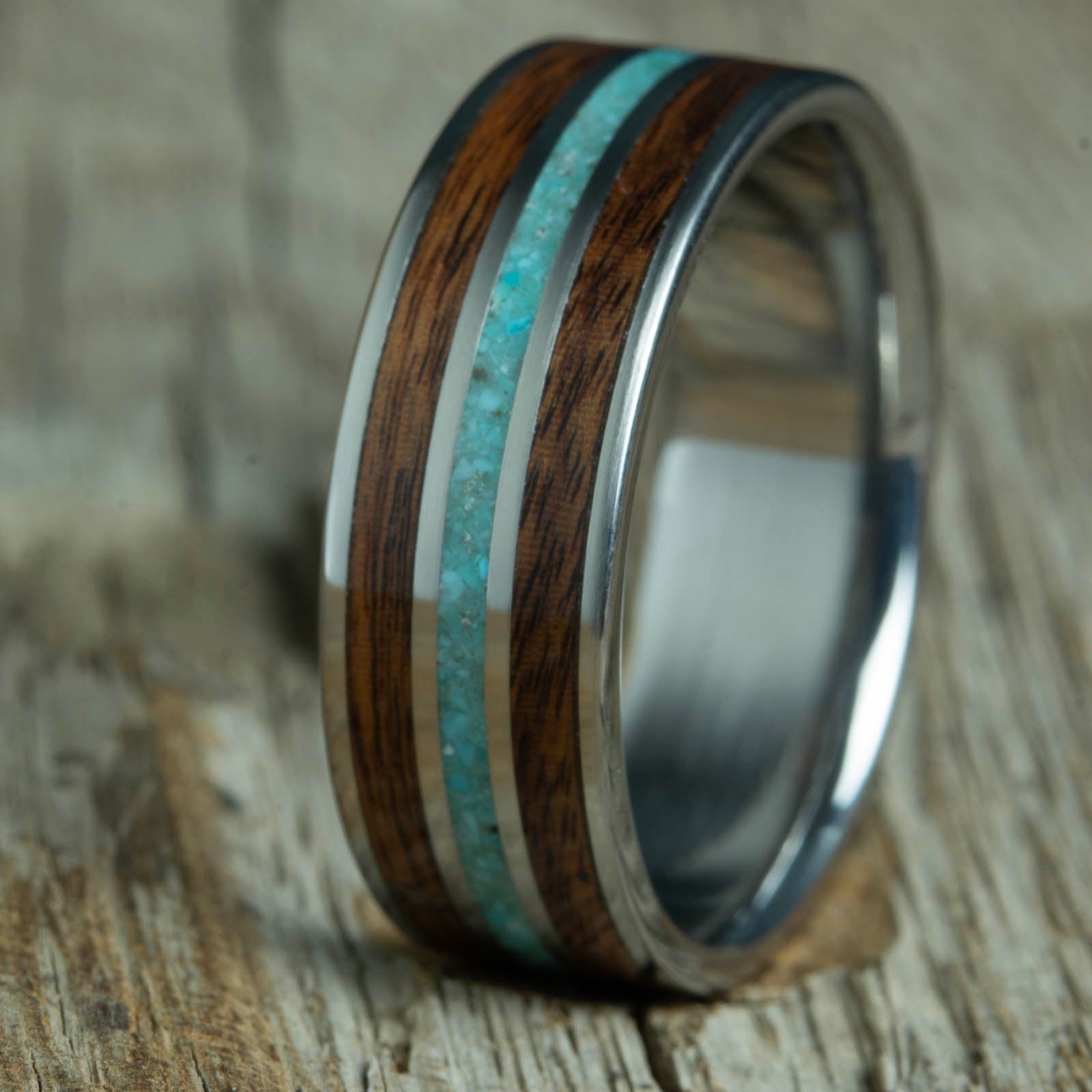Turquoise and rosewood mens wood wedding bands with polished titanium ring