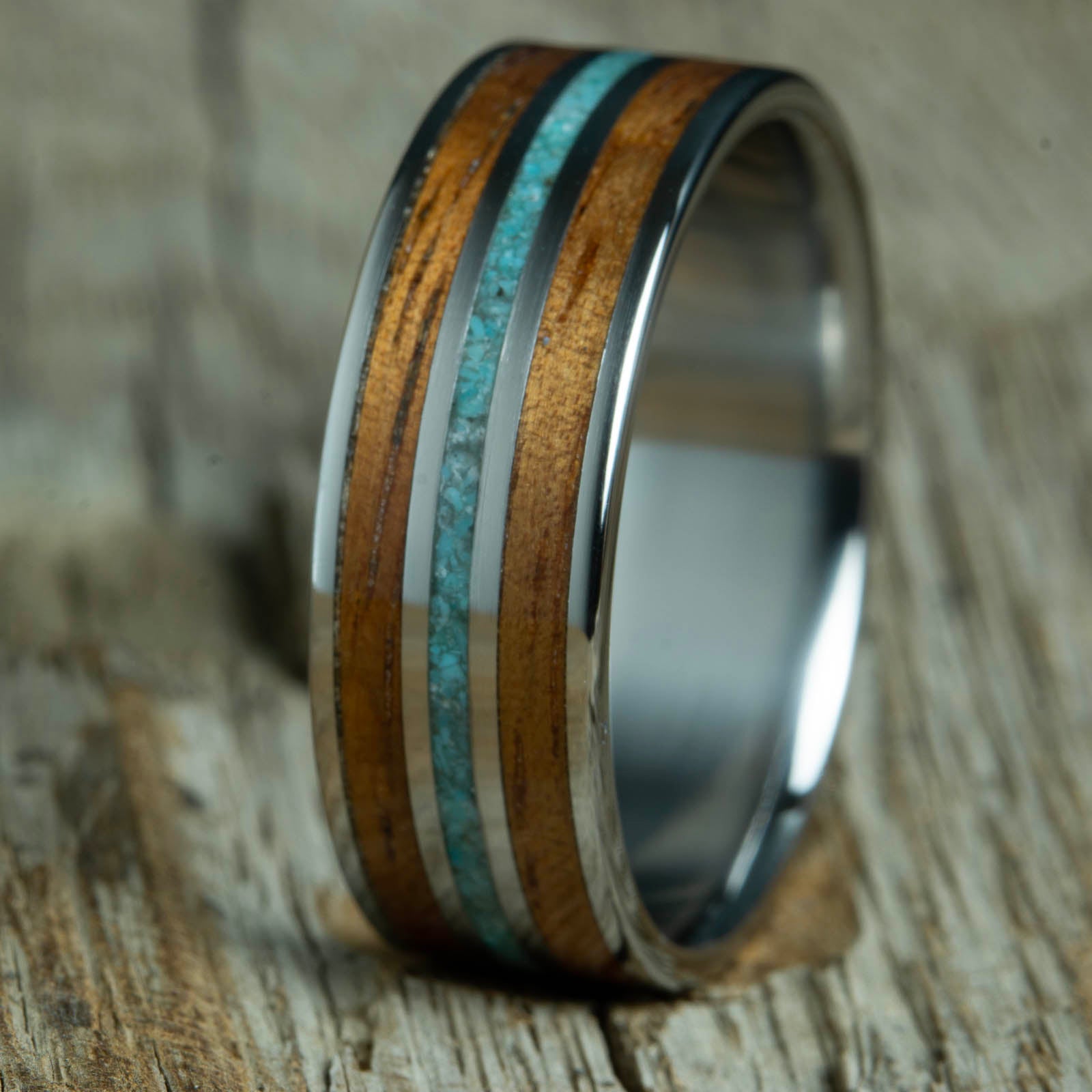 Koa ring with turquoise inlay