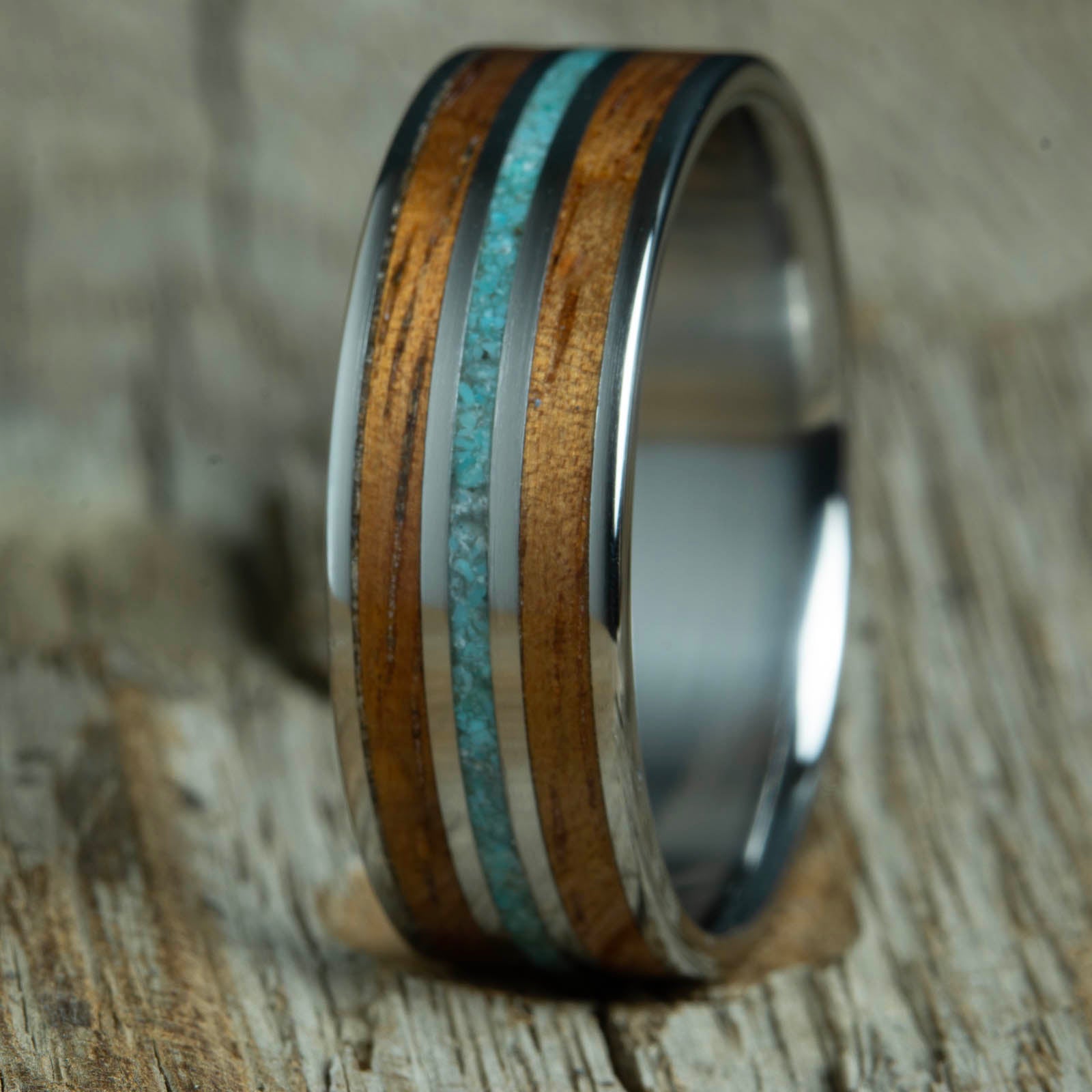 mens wood wedding bands with Koa wood and turquoise stone inlay