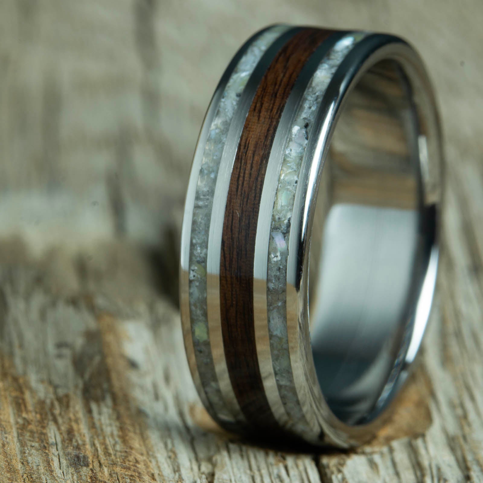rosewood and mother of pearl mens wood wedding band