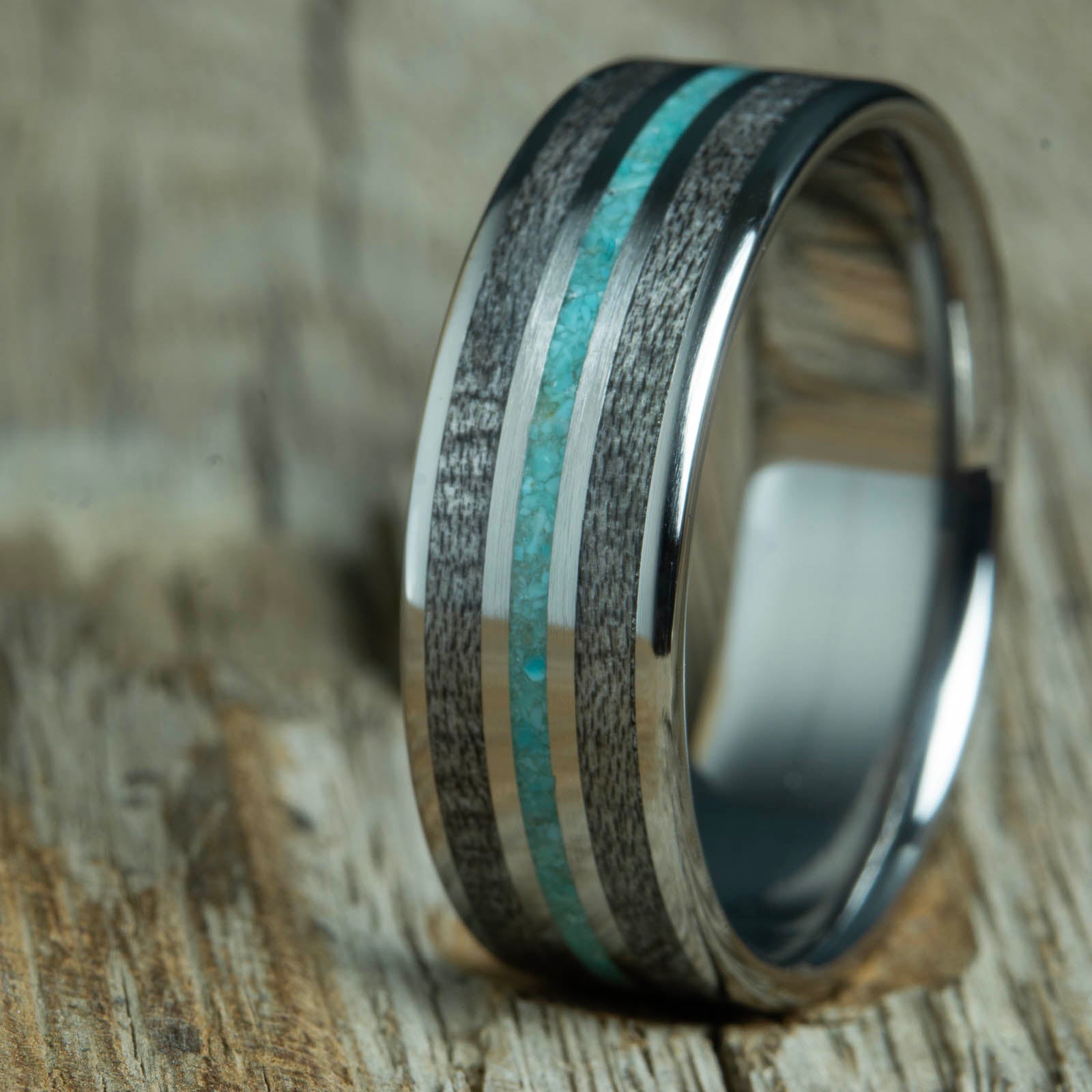 Mens wood wedding band with Grey barnwood and turquoise inlay on polished titanium