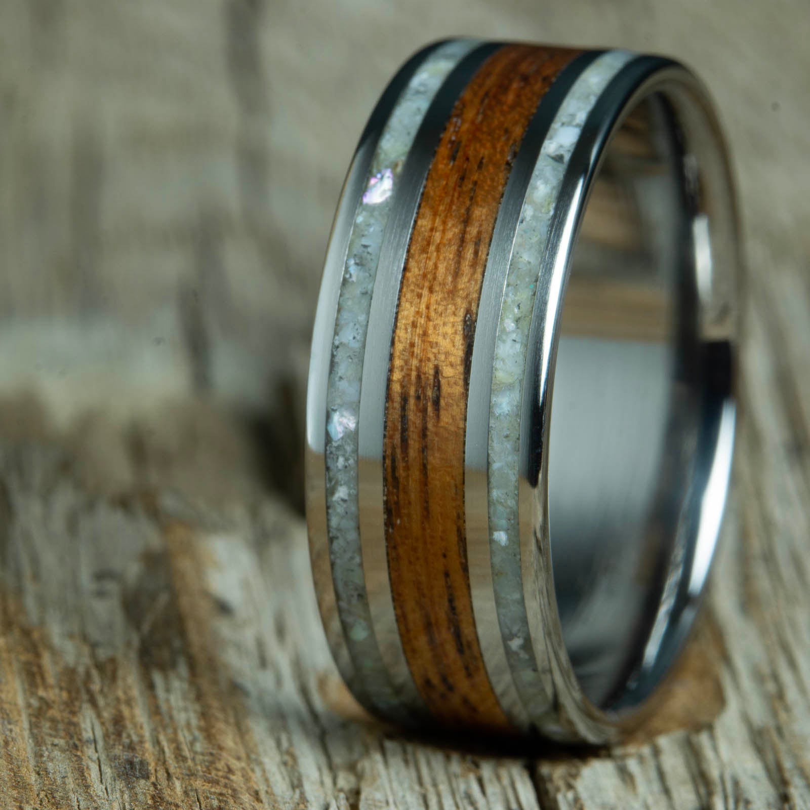 Mens wood wedding band with Koa wood and mother of pearl inlays