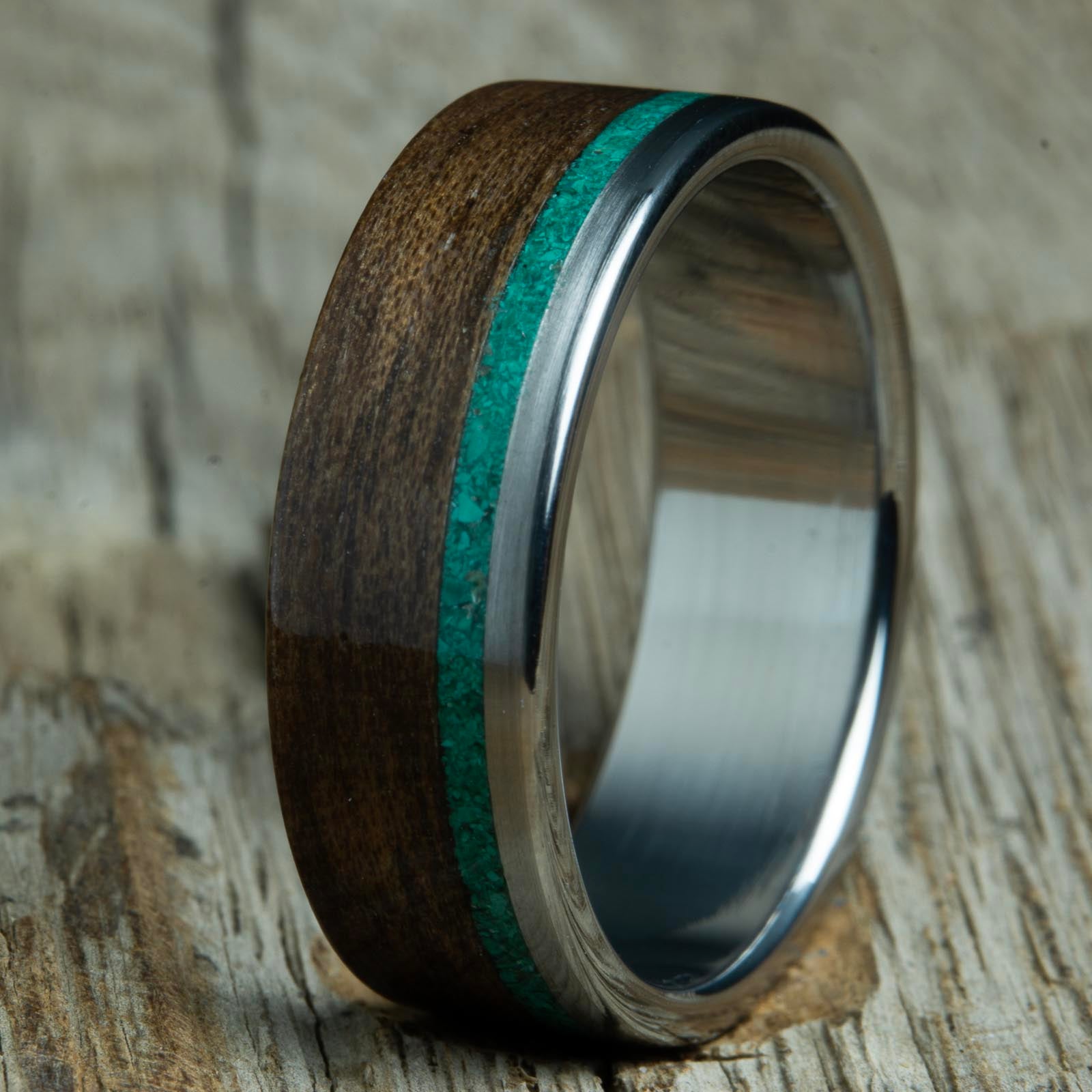 Malachite and Walnut wood wedding bands with polished titanium core
