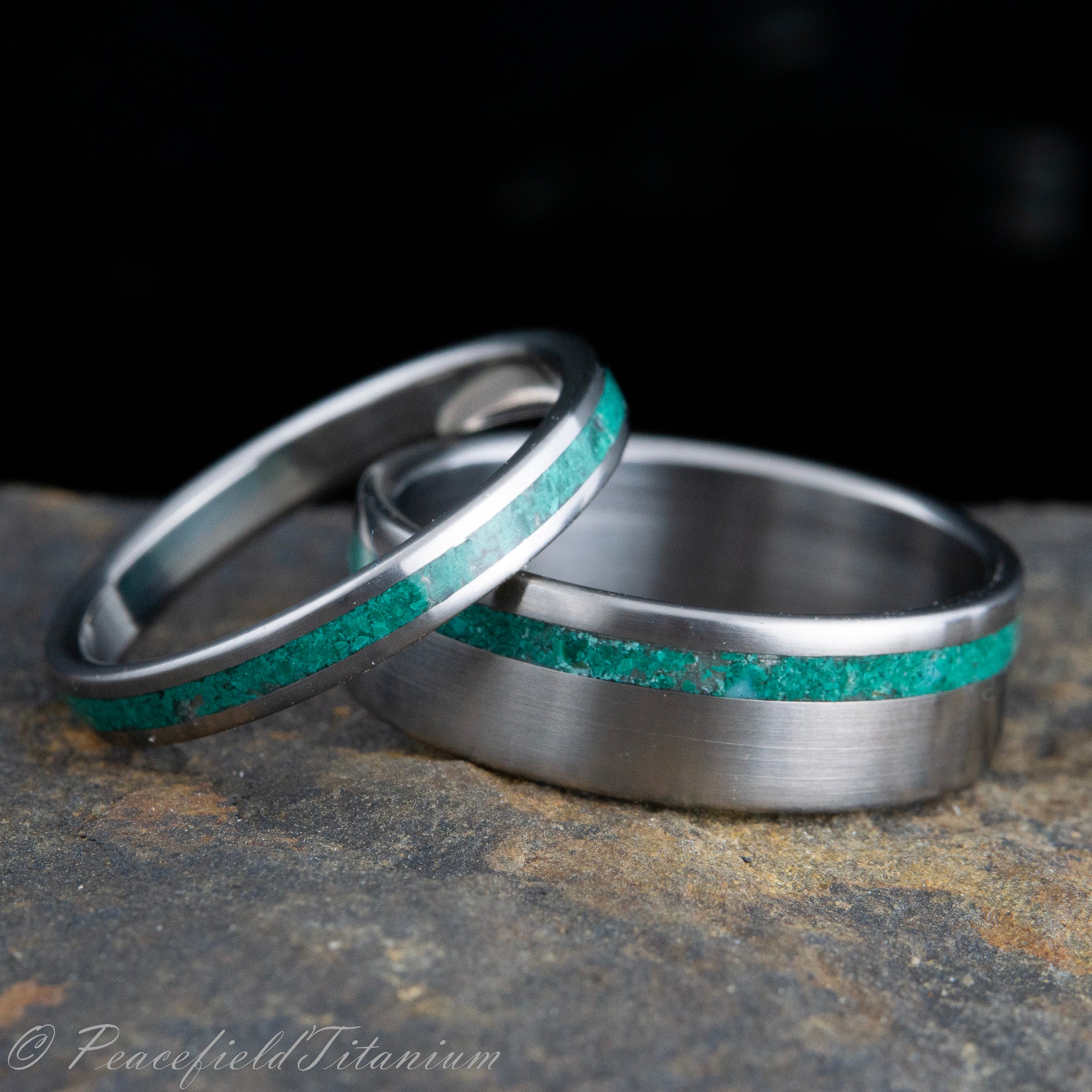 His and hers titanium wedding band set with Malachite stone inlay, real malachite handcrafted inlay wedding rings