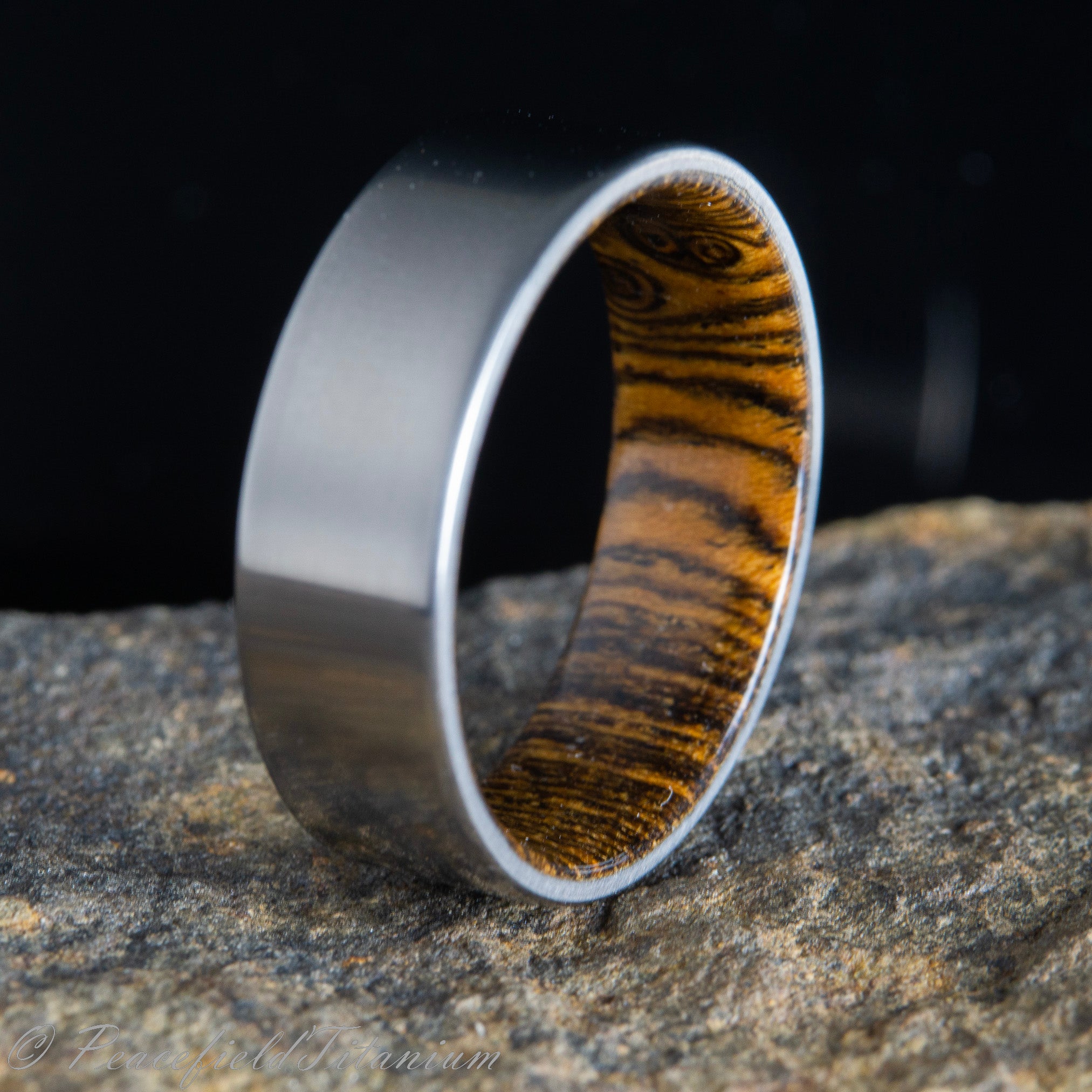 satin titanium with Bocote wood insert, wood wedding ring for men