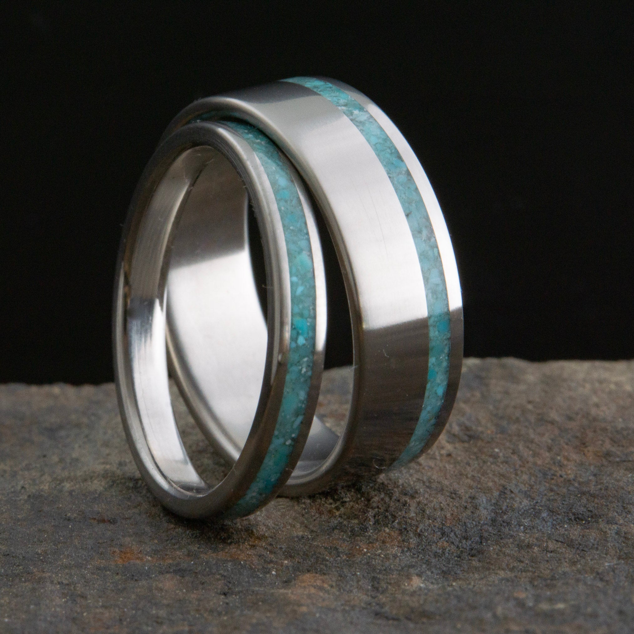 Turquoise and Titanium His and Hers Wedding band set