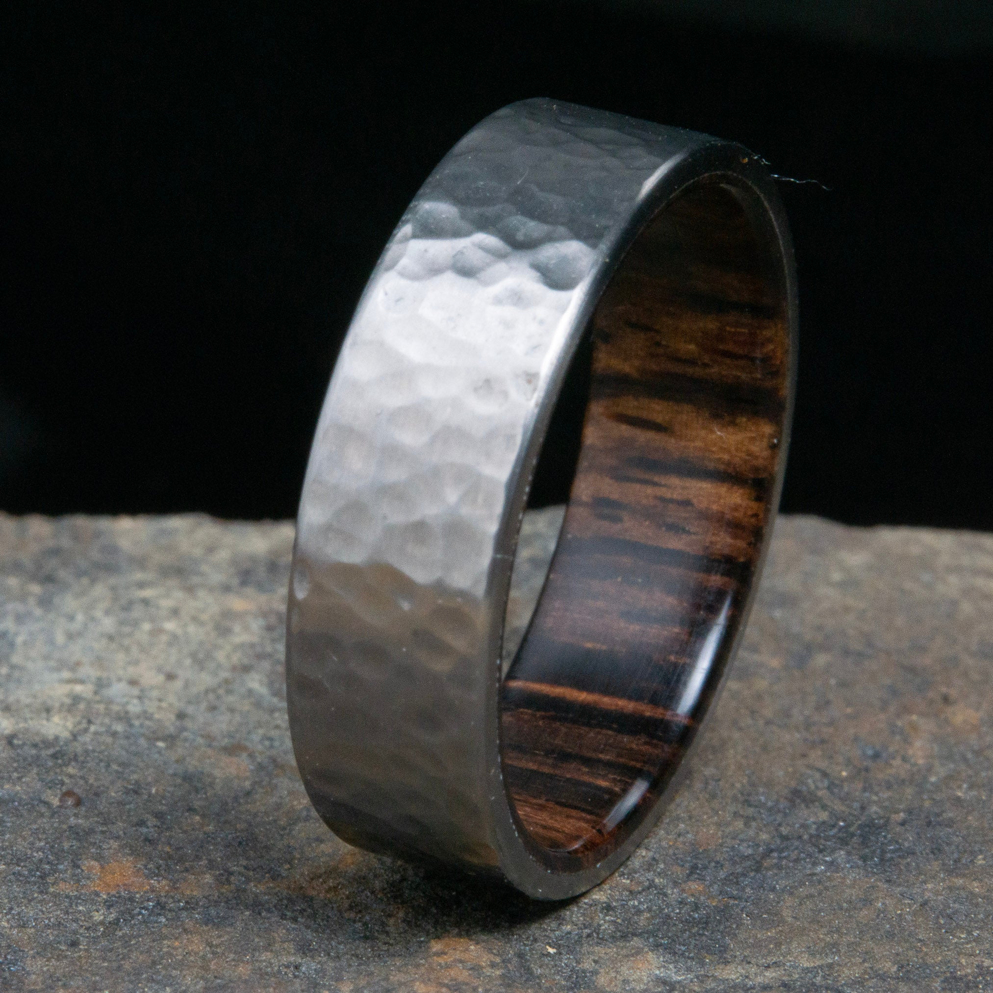 Hammered Titanium and Cocobolo wood ring, men's wooden wedding ring, Anniversary gift