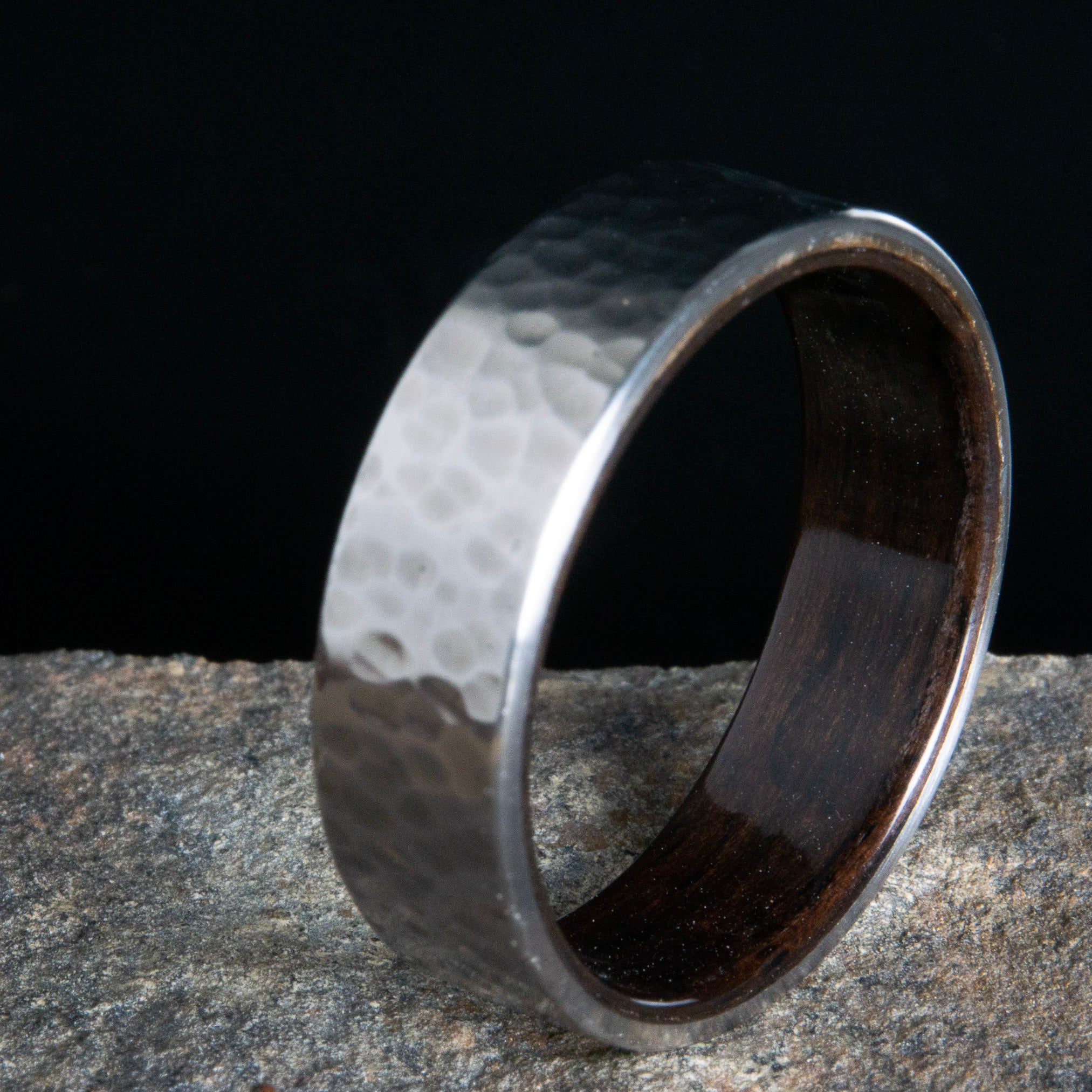 Ebony wood and Hammered Titanium ring or wedding band