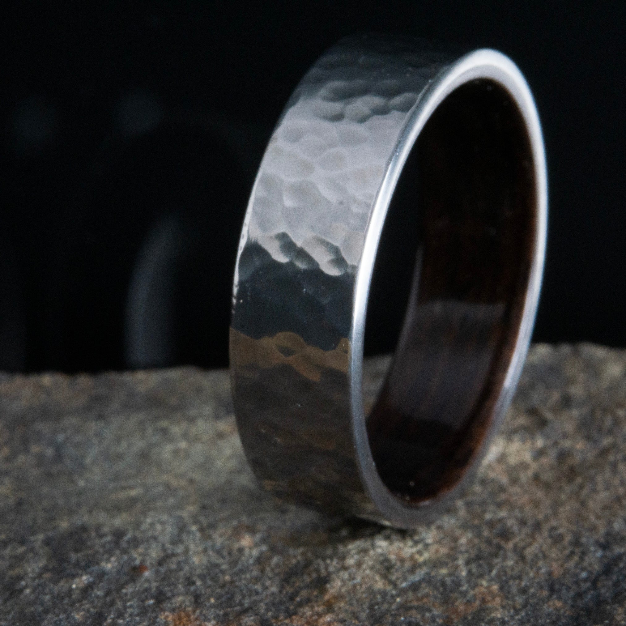 Hammered titanium with Ebony wood , Ebony wood ring for men or women, Unique handcrafted wood wedding ring