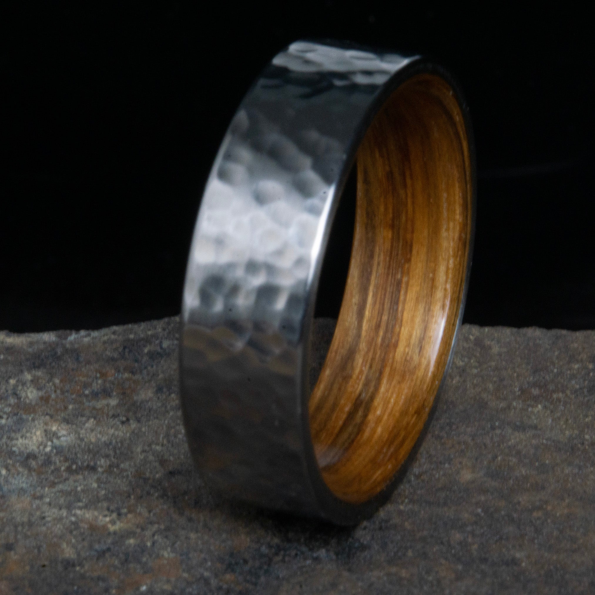 Rustic Barnwood wooden ring with Hammered Titanium