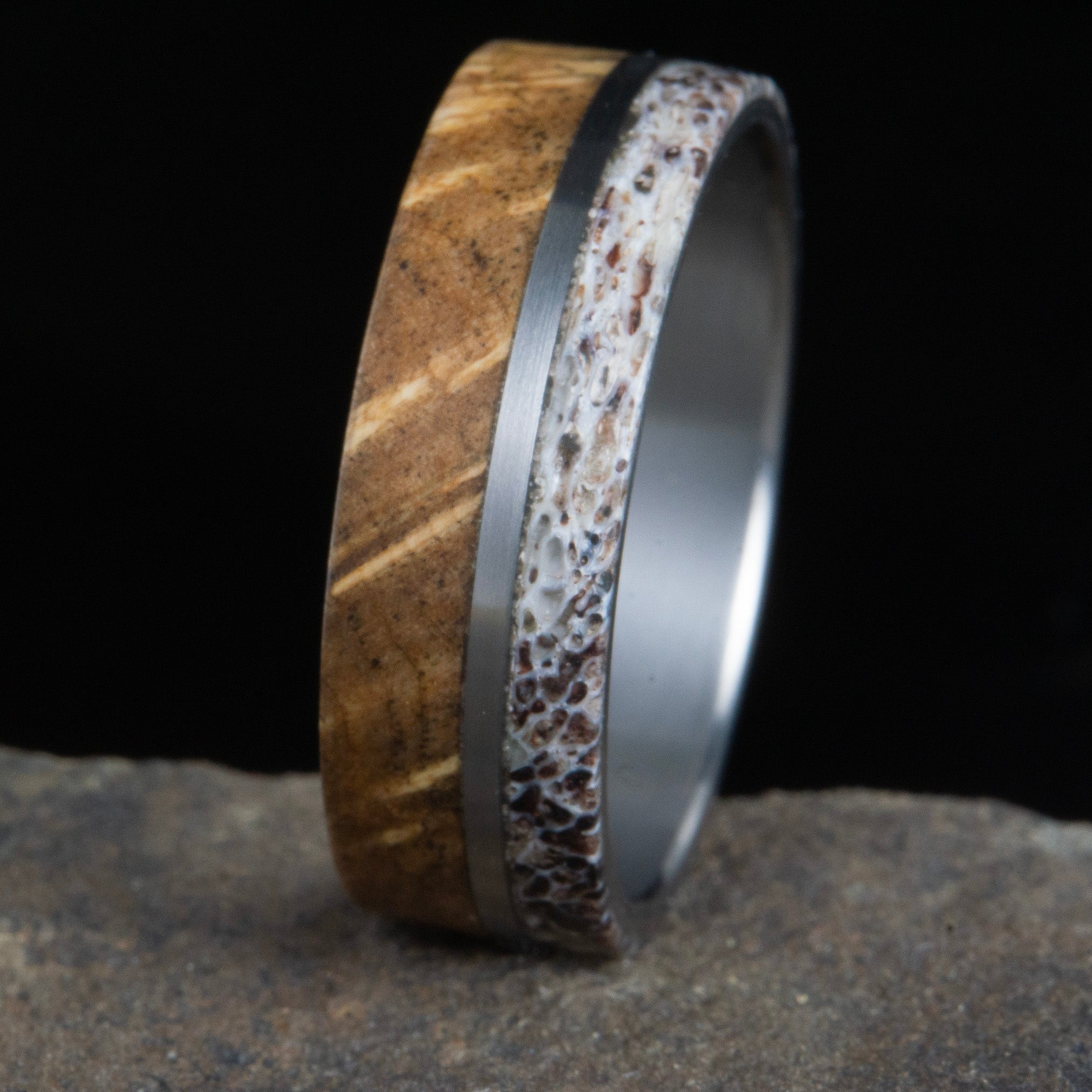 Mens' antler ring with burl wood inlay