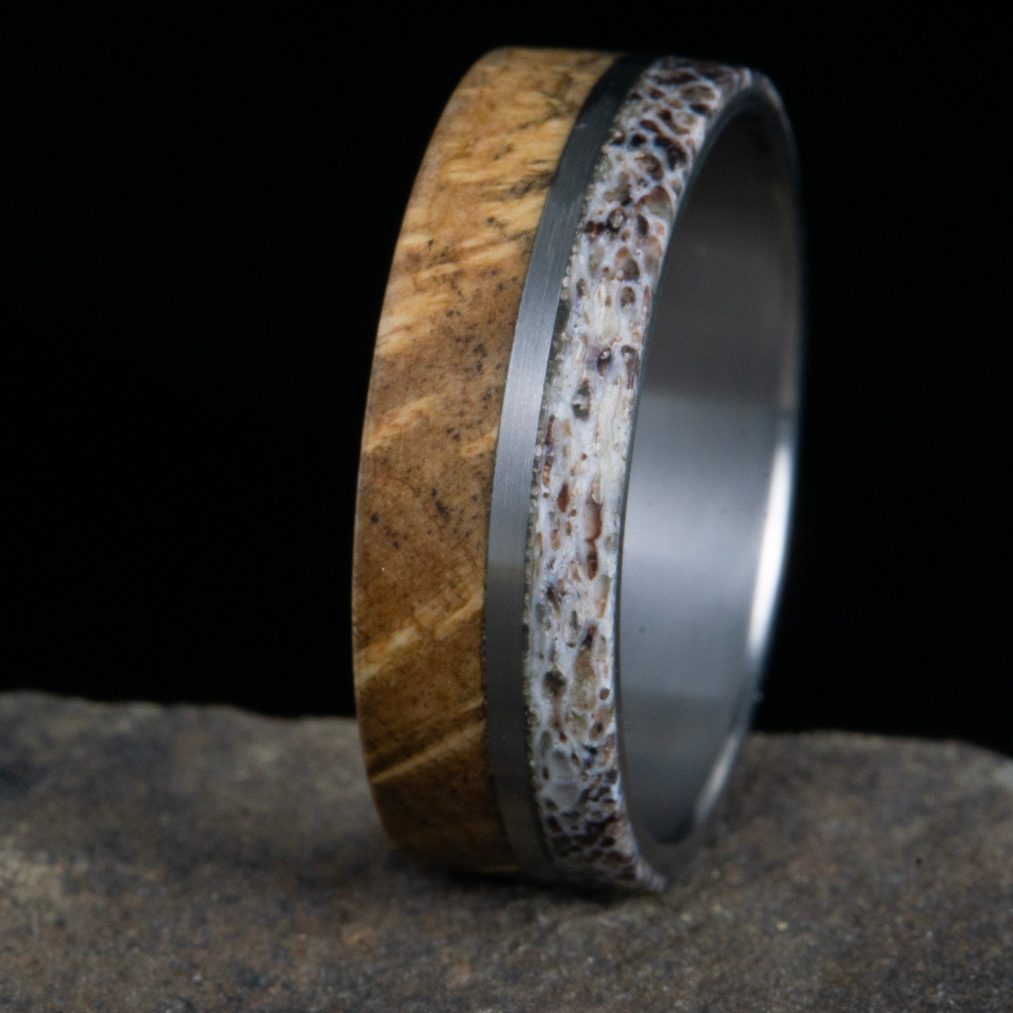Mens' antler ring with burl wood inlay