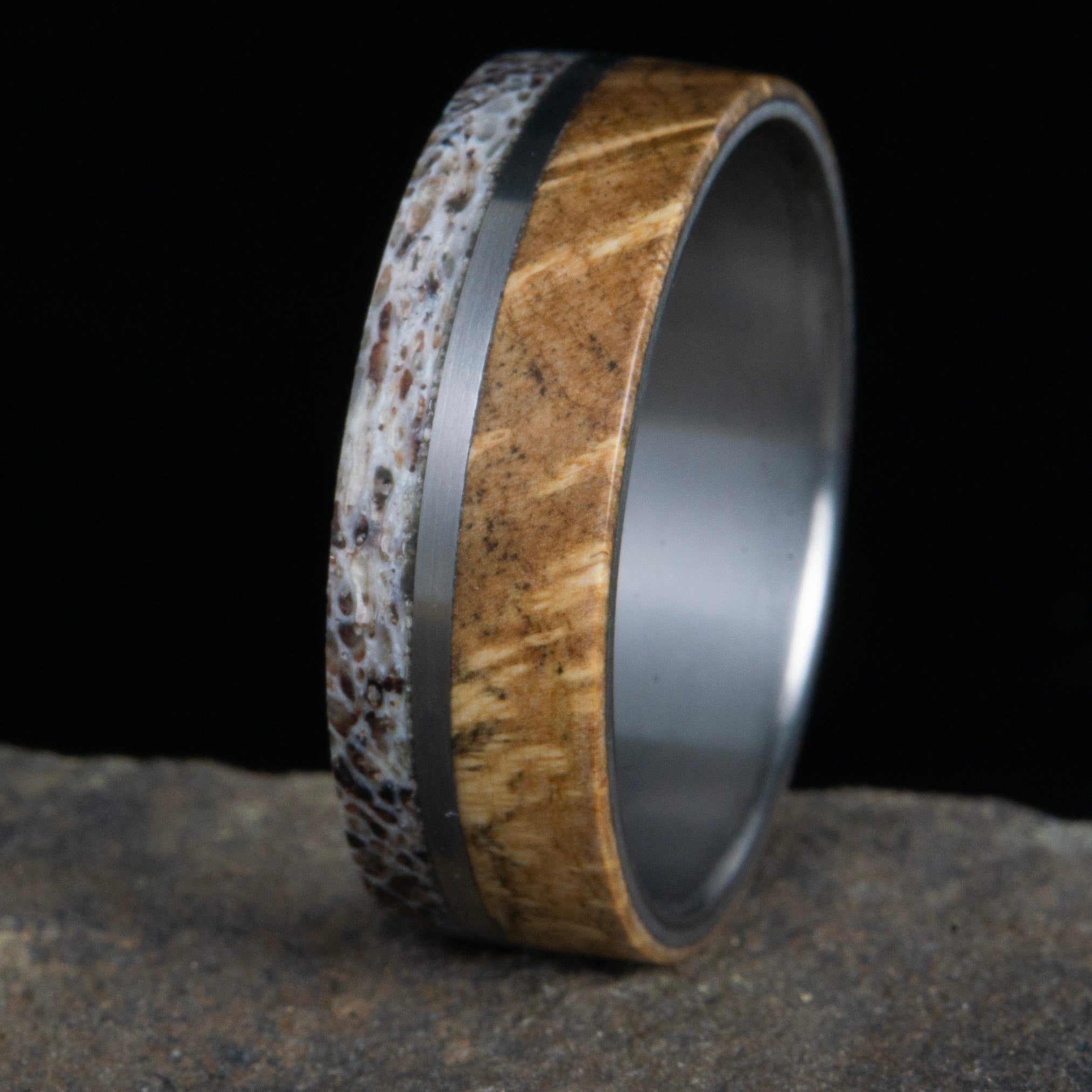 Mens' antler ring with burl wood inlay