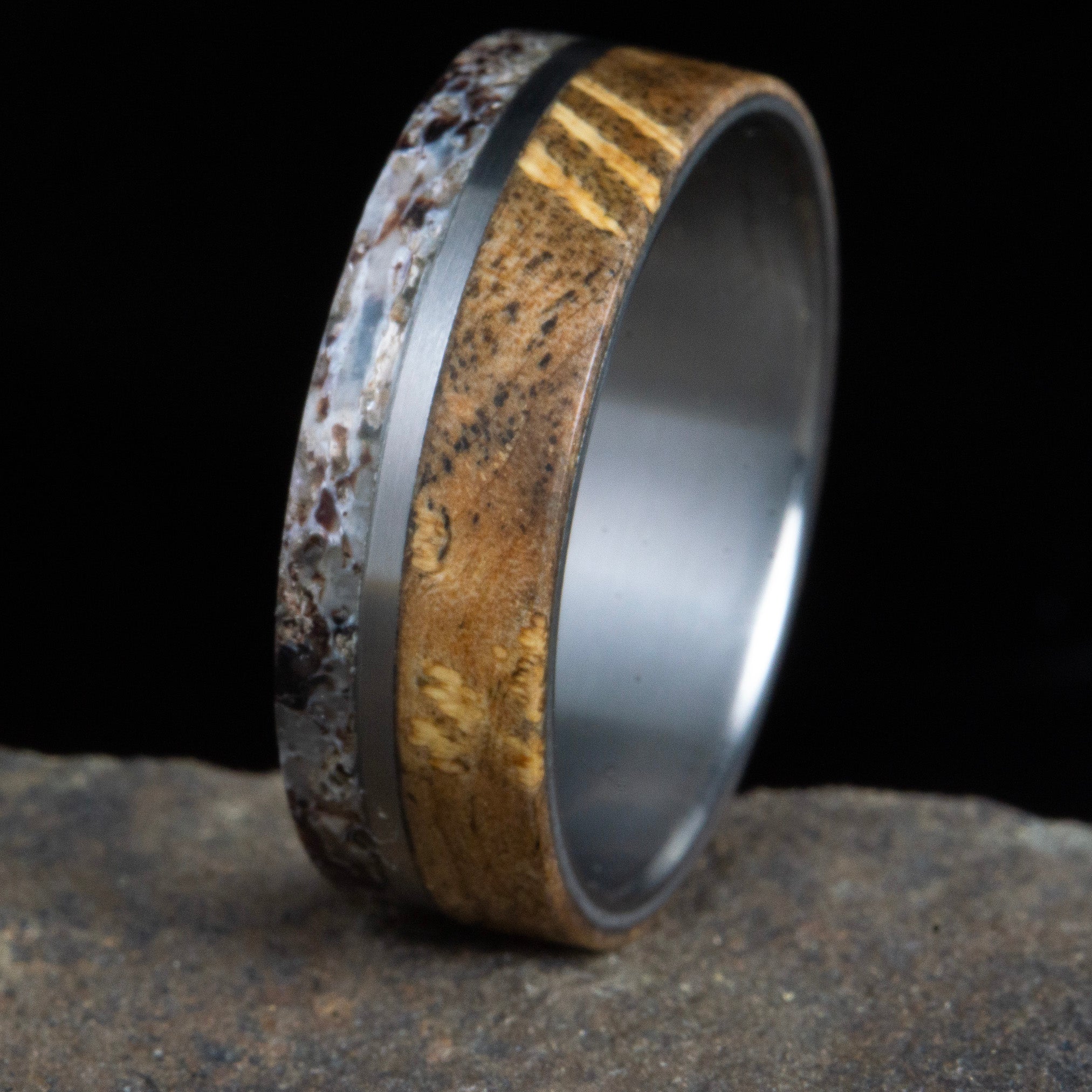 Mens' antler ring with burl wood inlay
