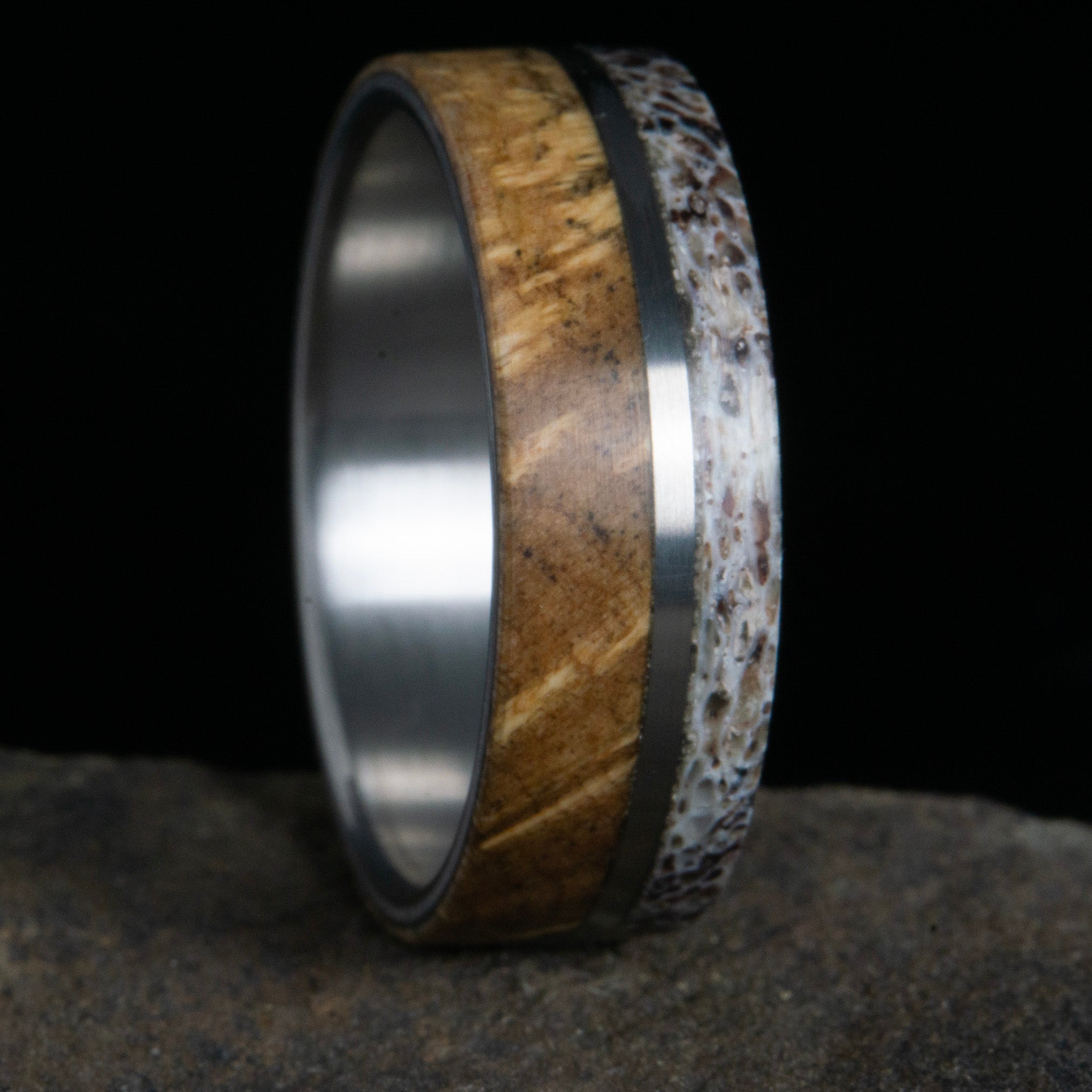Mens' antler ring with burl wood inlay