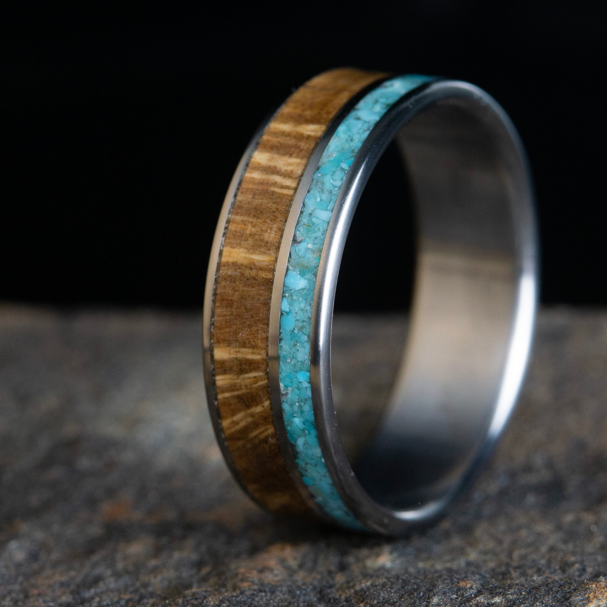 Men's turquoise wedding band with Oak burl Wood