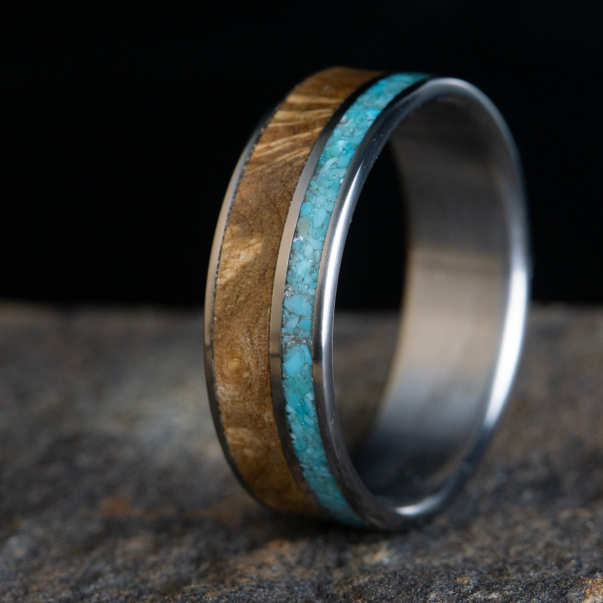 Men's turquoise wedding band with Oak burl Wood