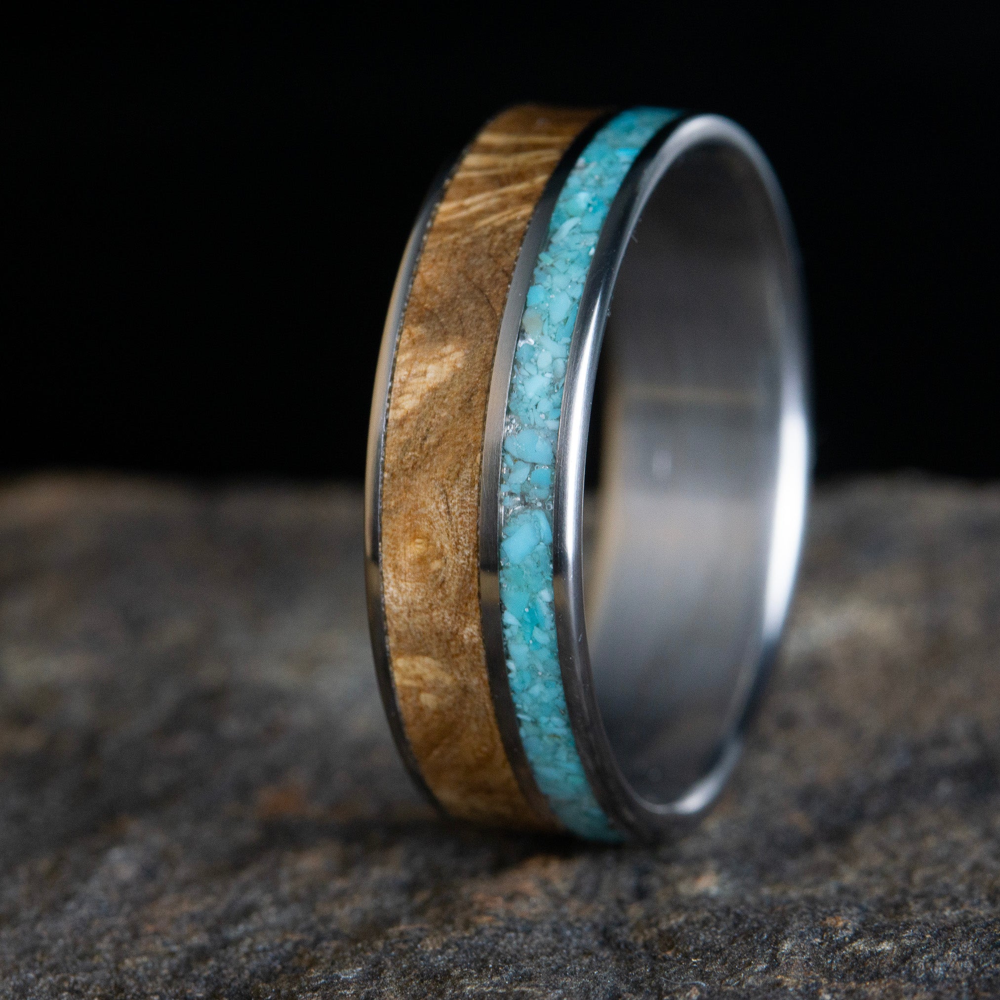 Men's turquoise wedding band with Oak burl Wood