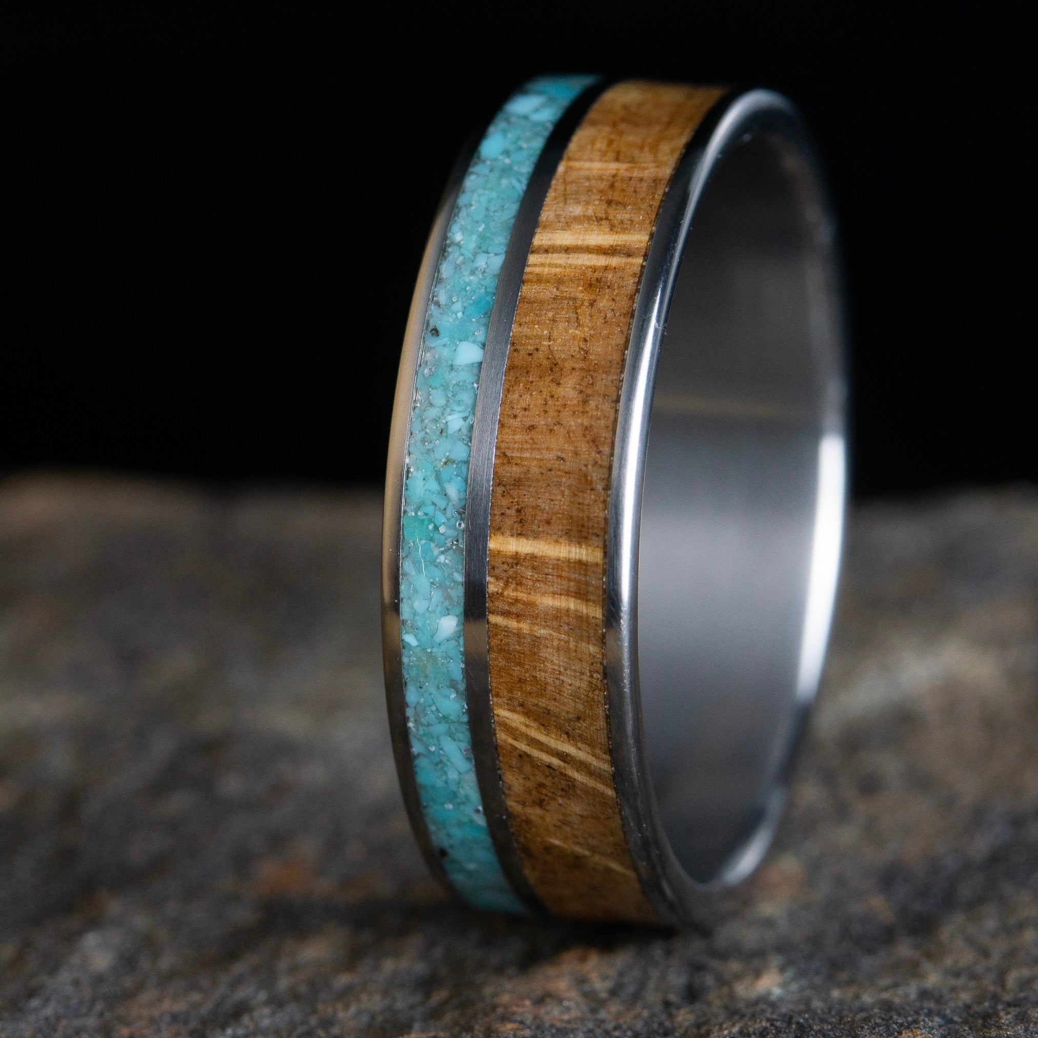 Men's turquoise wedding band with Oak burl Wood