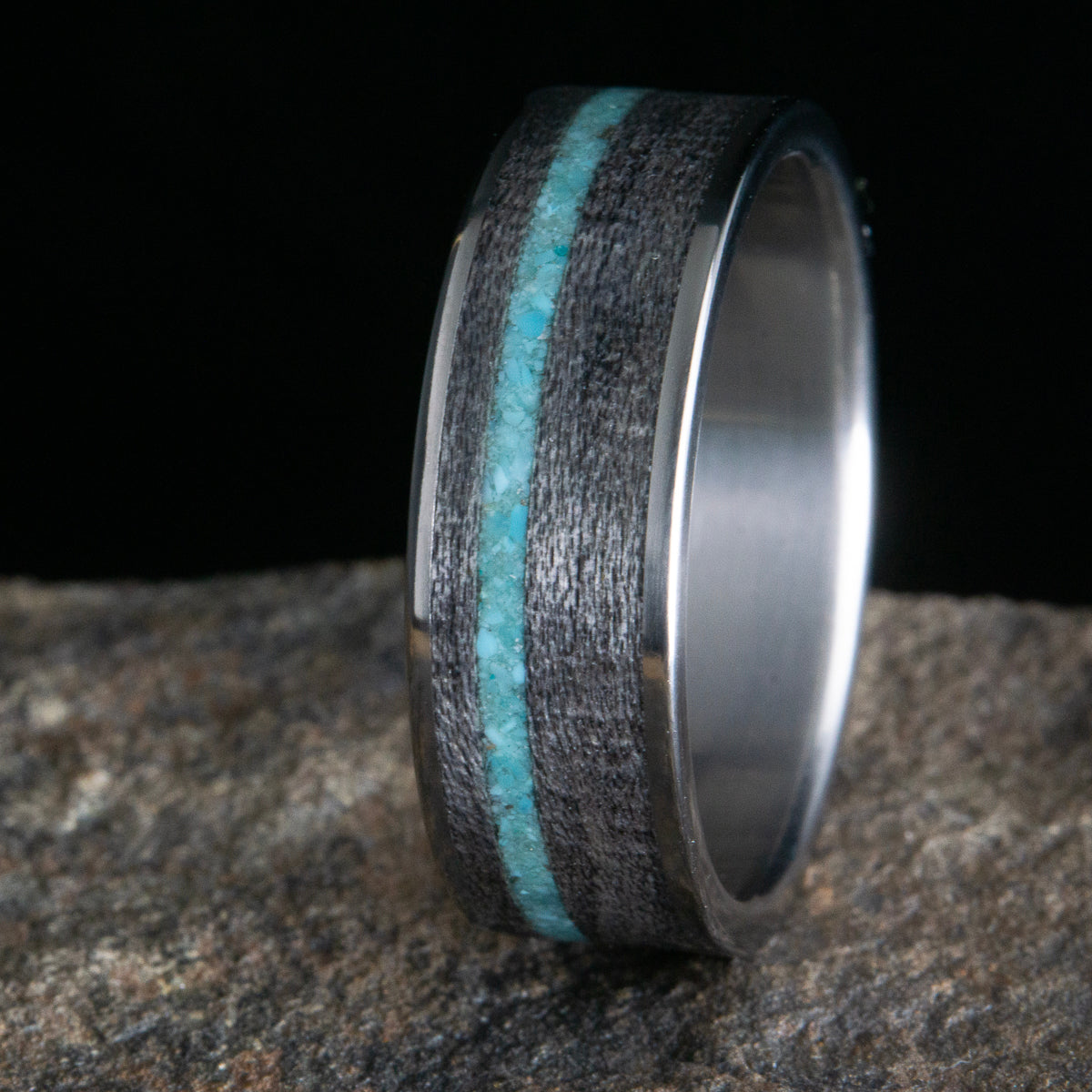 Wooden mens ring with turquoise and weathered barnwood