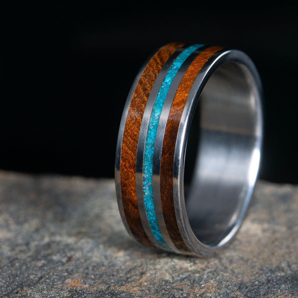 Wooden wedding band-Ironwood and turquoise on titanium