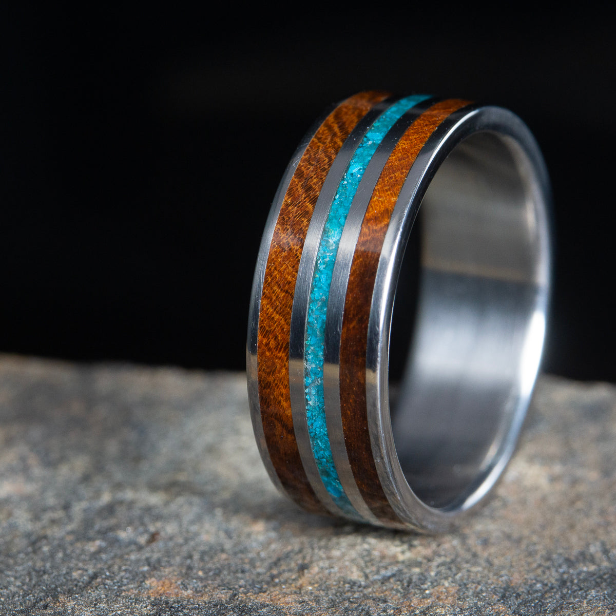 wooden wedding band-ironwood and turquoise on titanium
