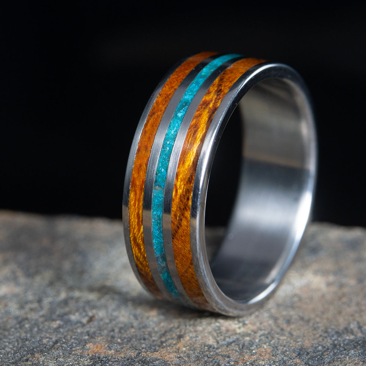Turquoise wedding ring with ironwood inlays