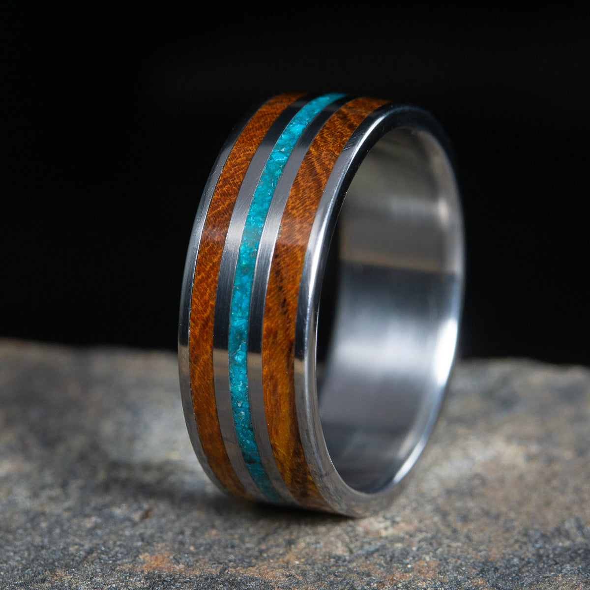 Wooden wedding band-Ironwood and turquoise on titanium