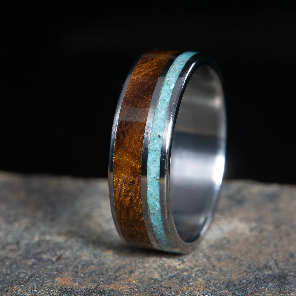 Turquoise and ironwood wooden inlay ring