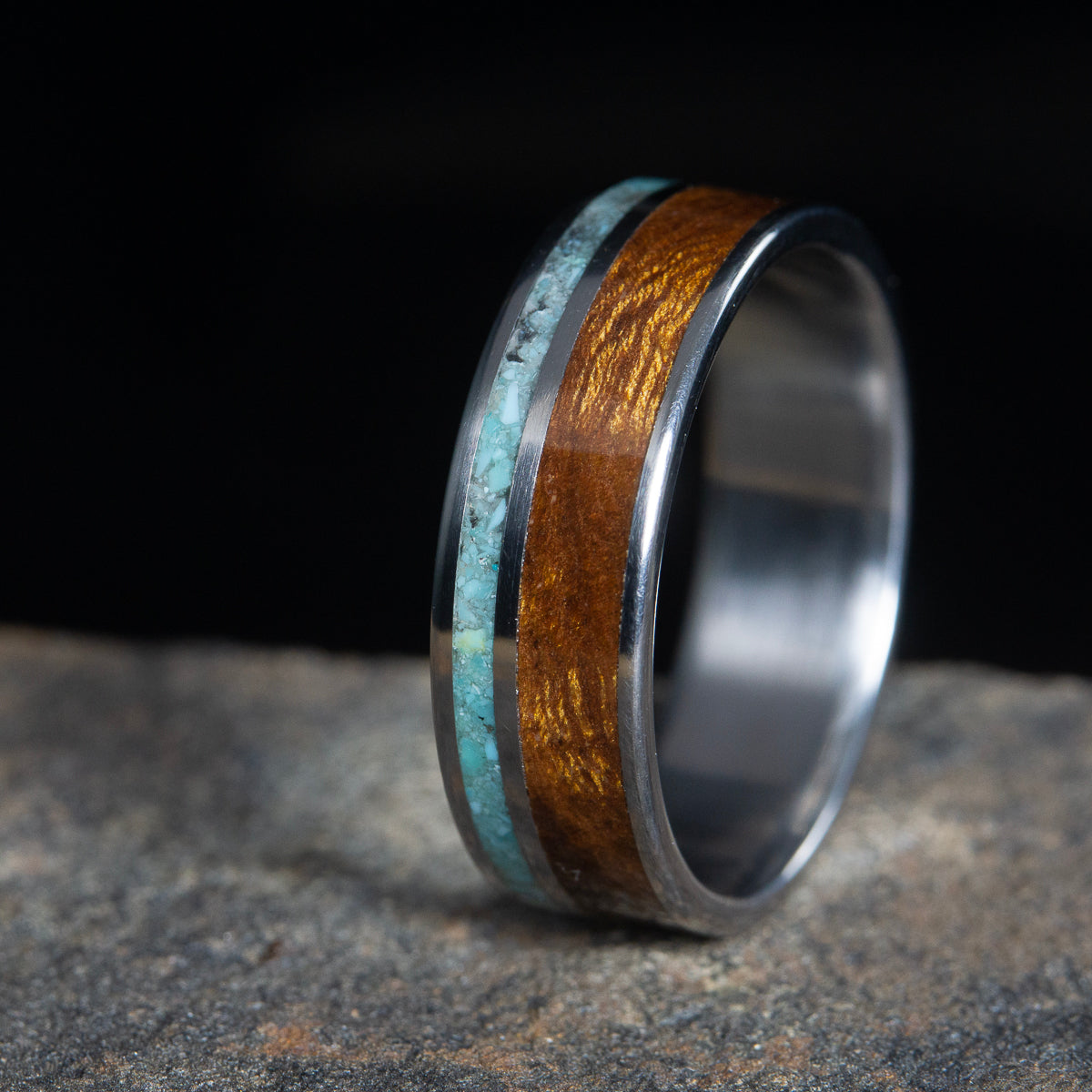 Turquoise and ironwood wooden inlay ring