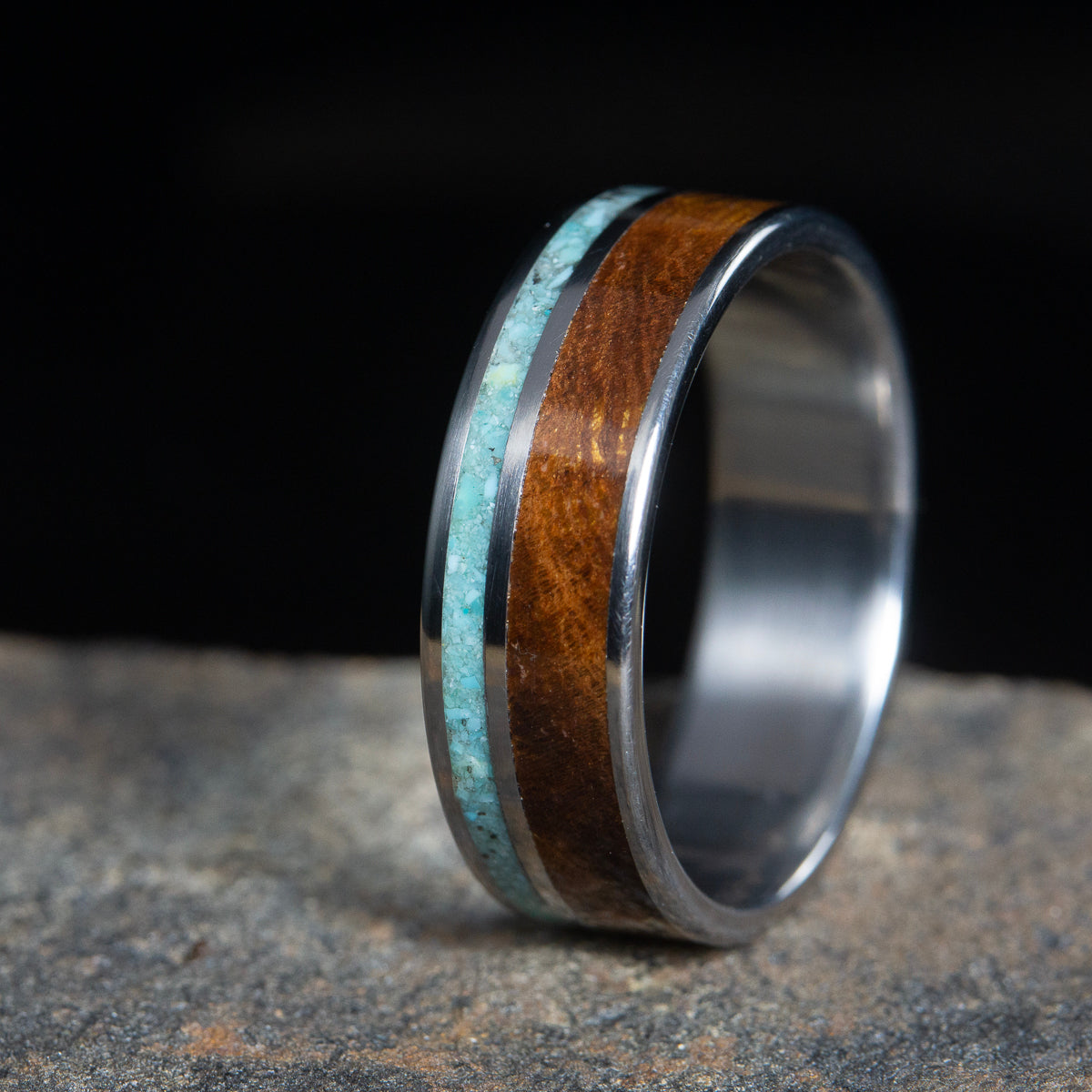Turquoise and ironwood wooden inlay ring