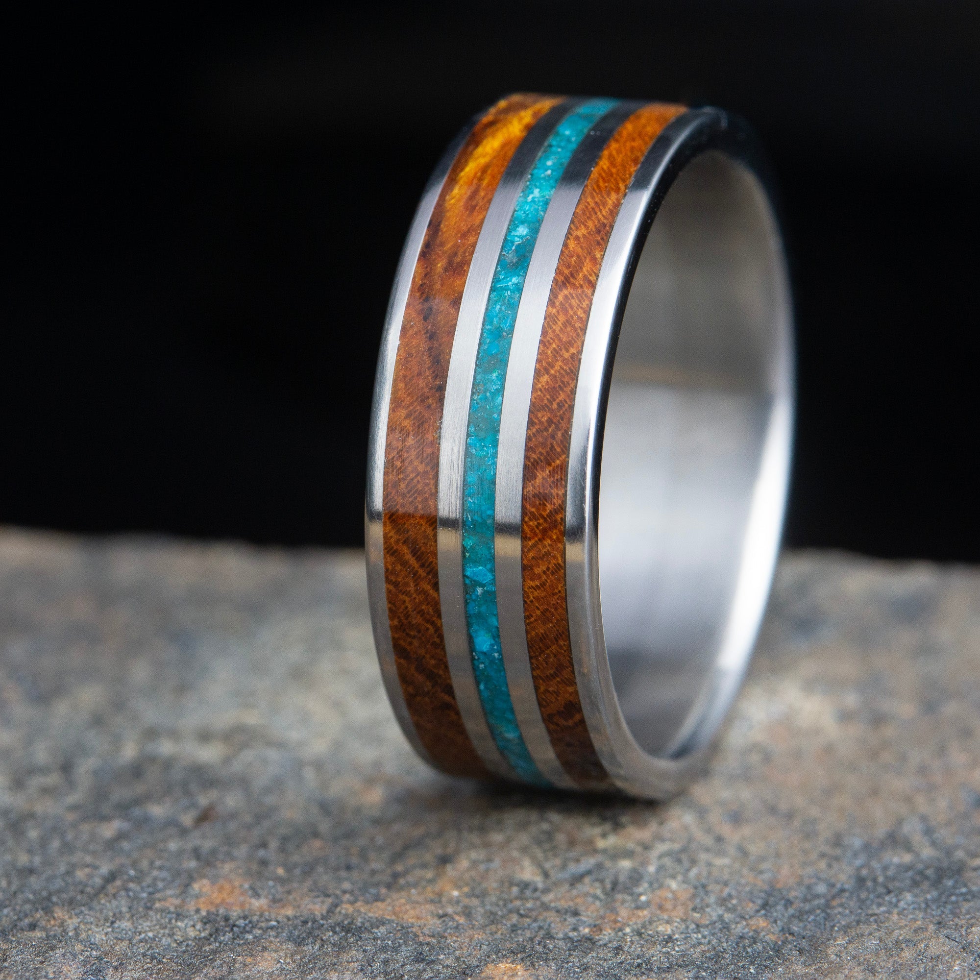 titanium with ironwood and turquoise wedding ring