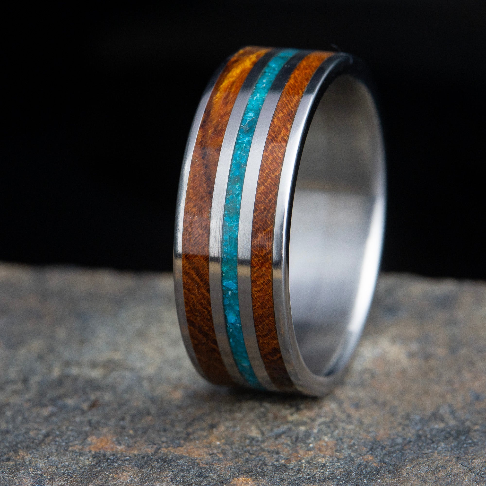 Wooden wedding band-Ironwood and turquoise on titanium