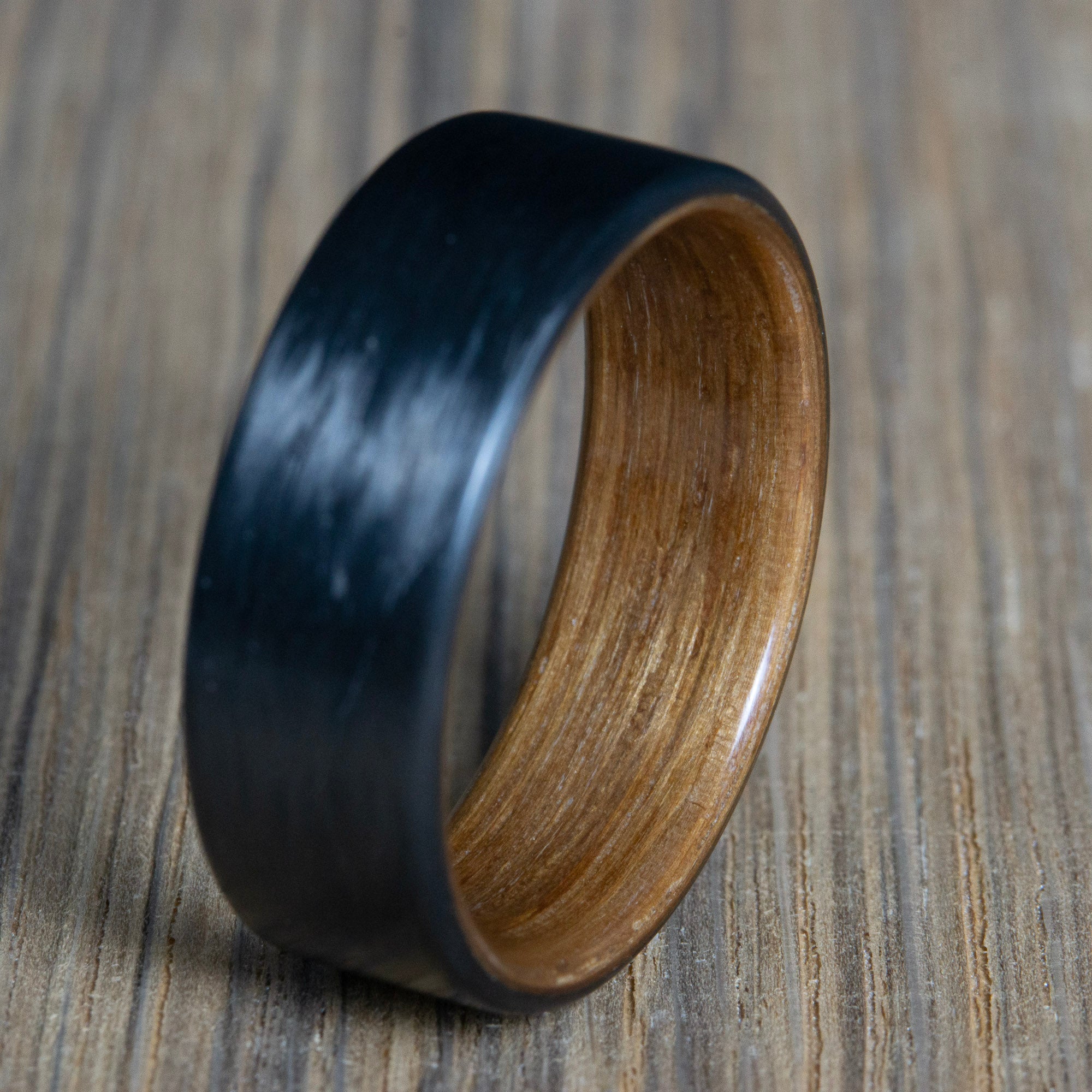 carbon fiber wedding band with barn wood