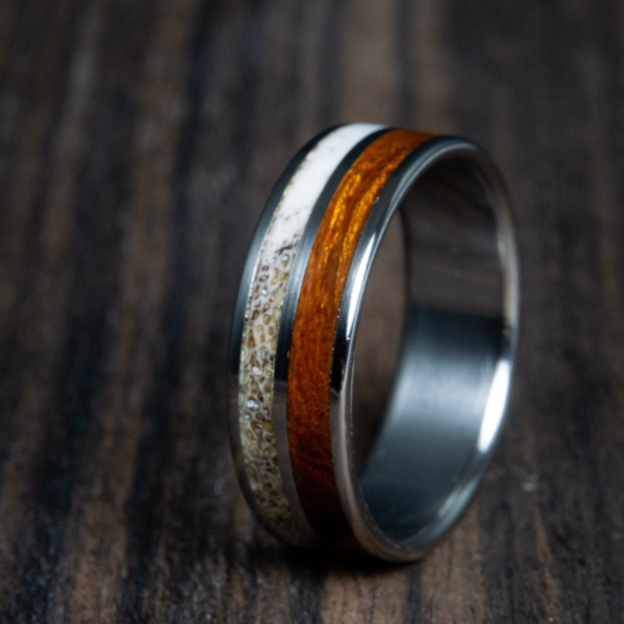 mens wooden wedding rings-Antler and ironwood inlay