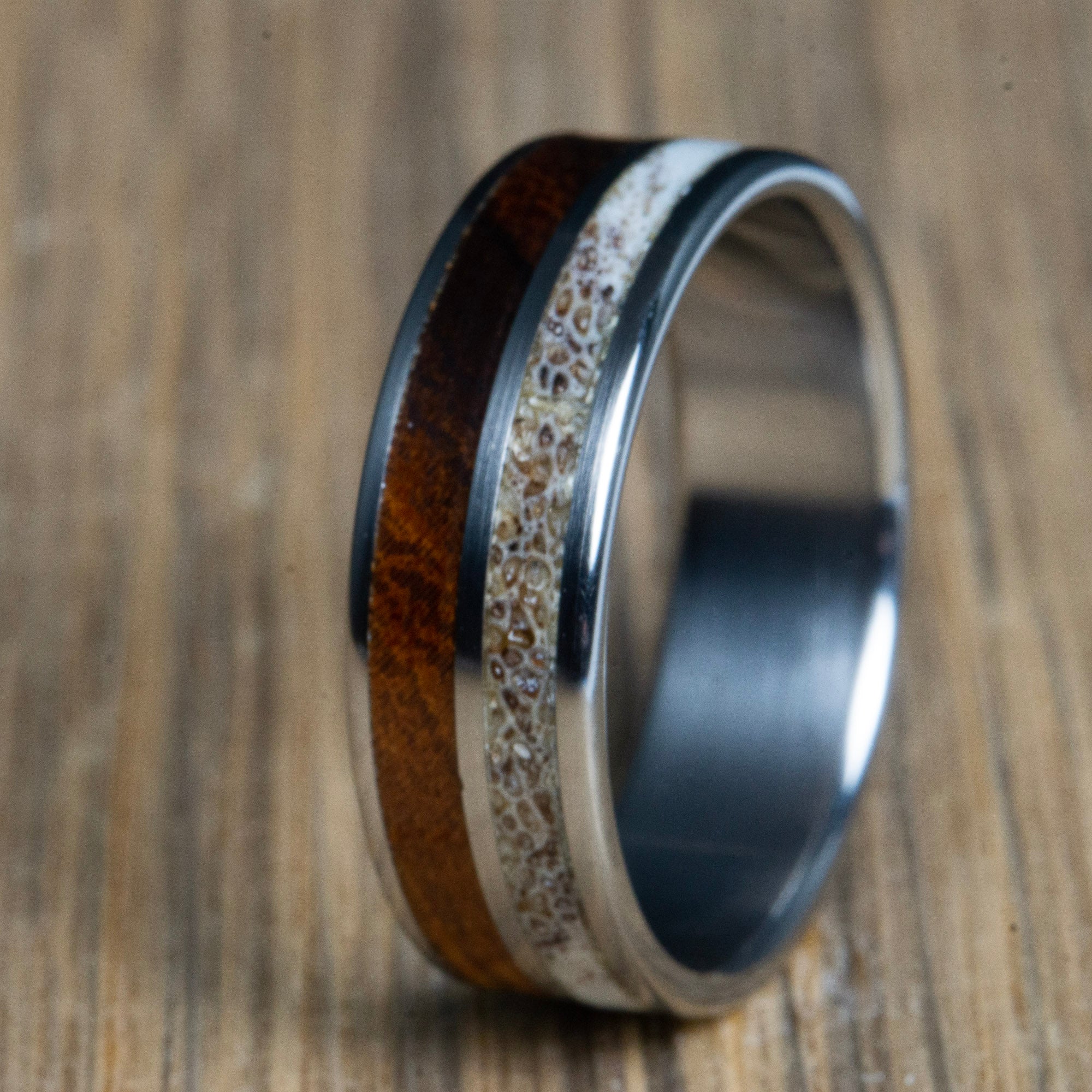 Antler and ironwood mens wedding ring