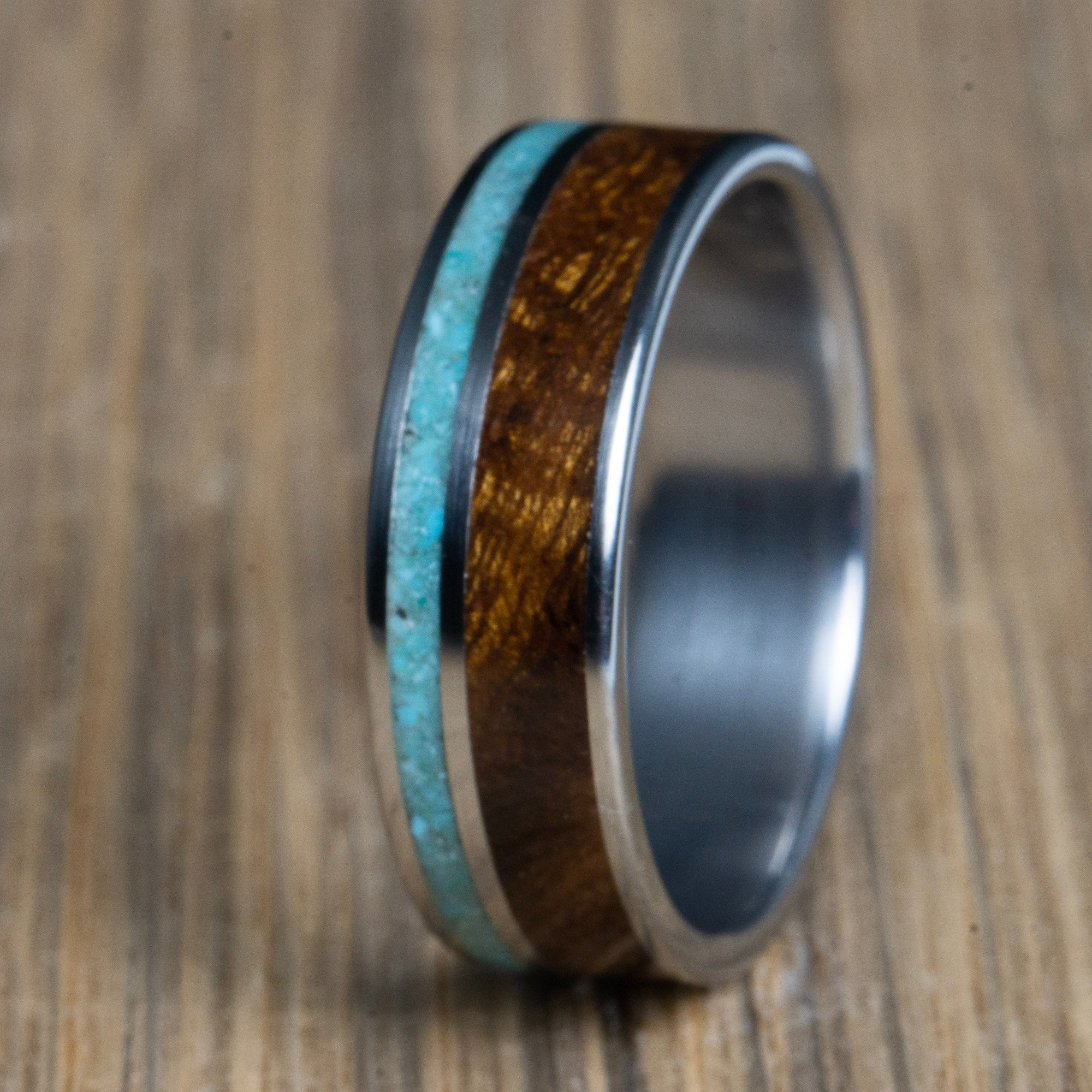 turquoise and wood ring with titanium band