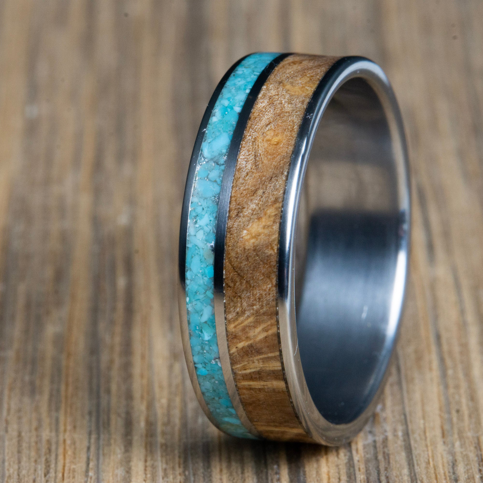 mens turquoise wedding bands with burl wood