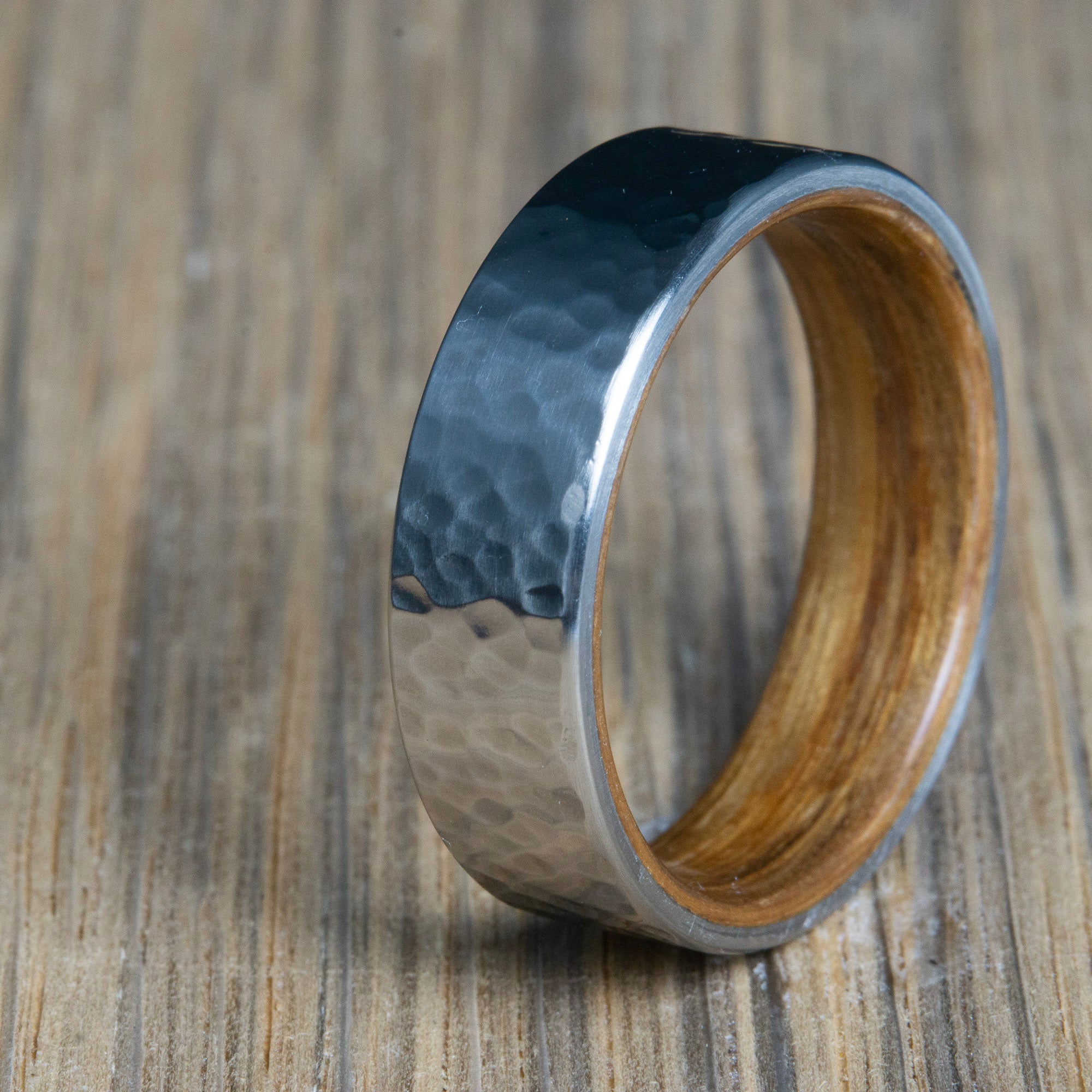 hammered titanium and barnwood ring