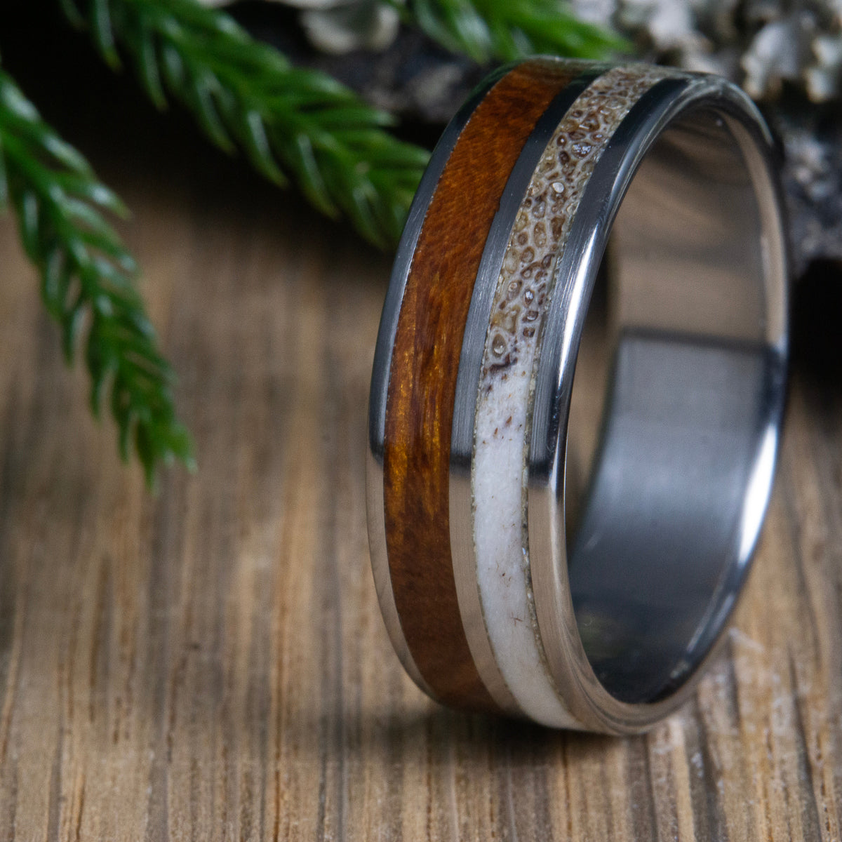 Antler and arizona ironwood inlay wedding ring
